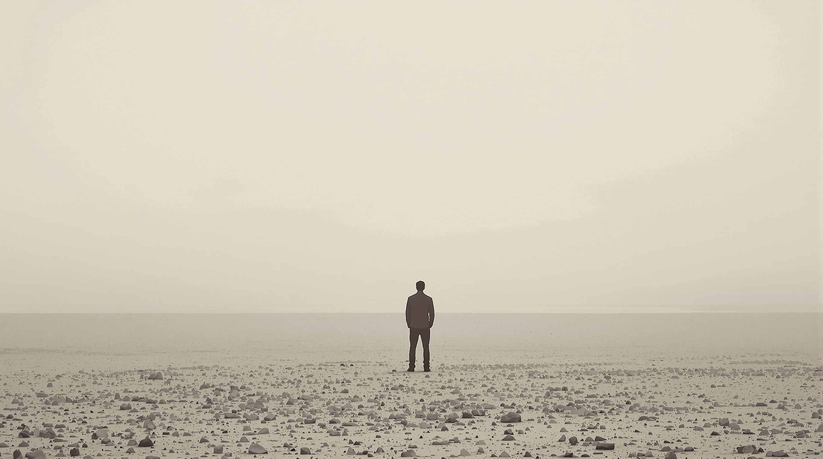 illustration de l'absurde chez Camus : un homme face à l'immensité, calme et lucide