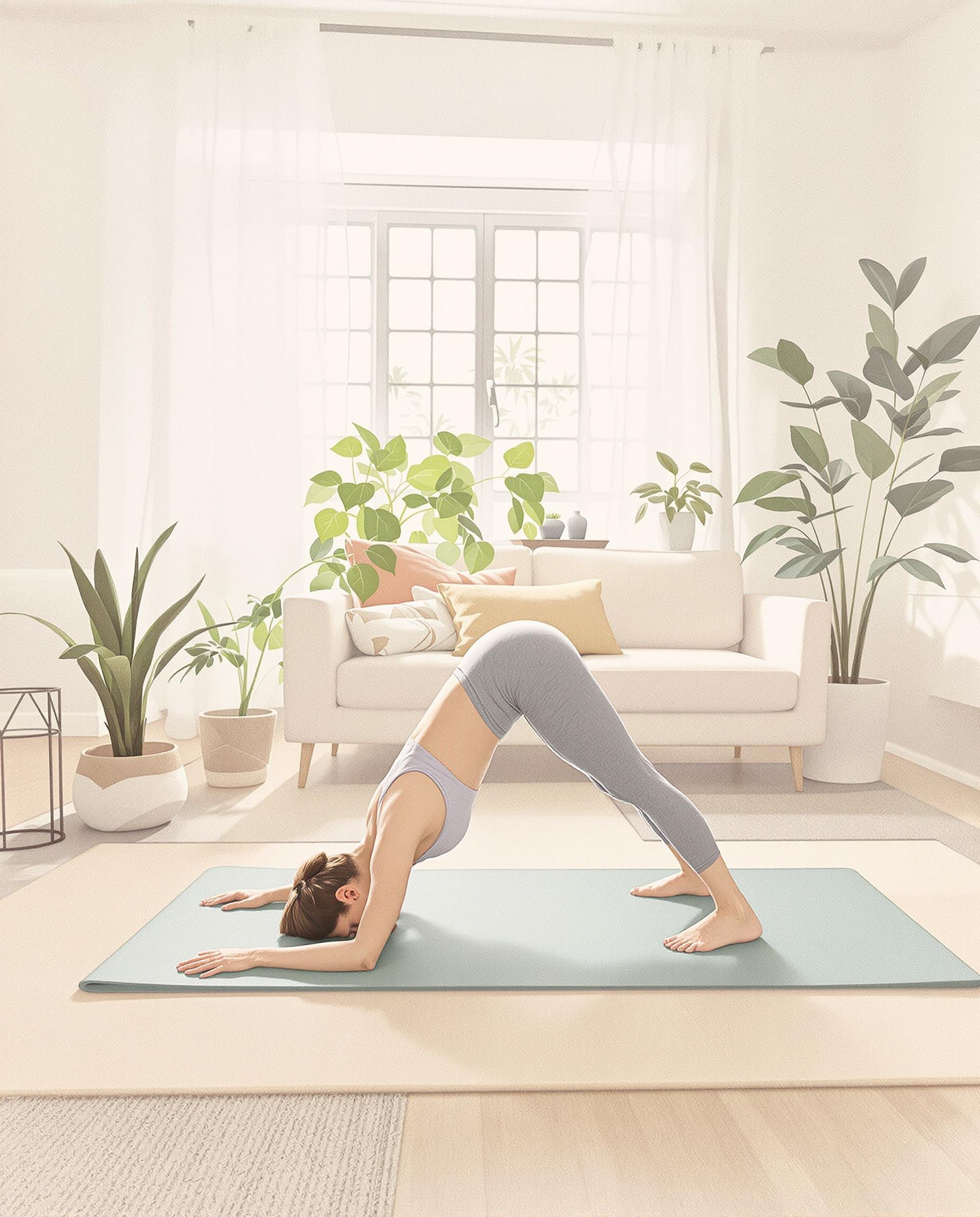 Personne pratiquant la posture du chien tête en bas dans un salon pour une séance de yoga détente