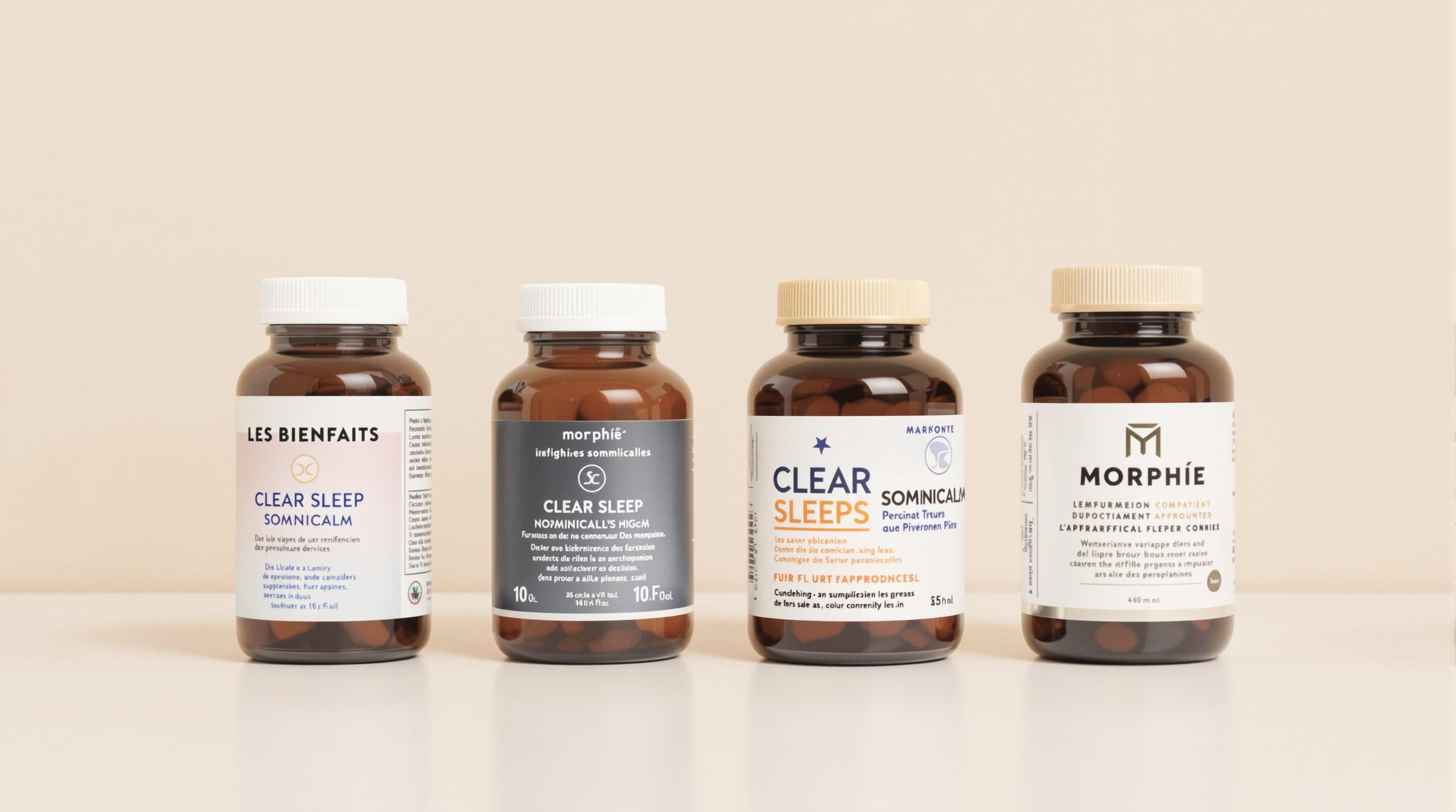 Alignement des flacons Les Bienfaits, Clear Sleep, Somnicalm et Morphée sur fond neutre pour comparaison taille et format