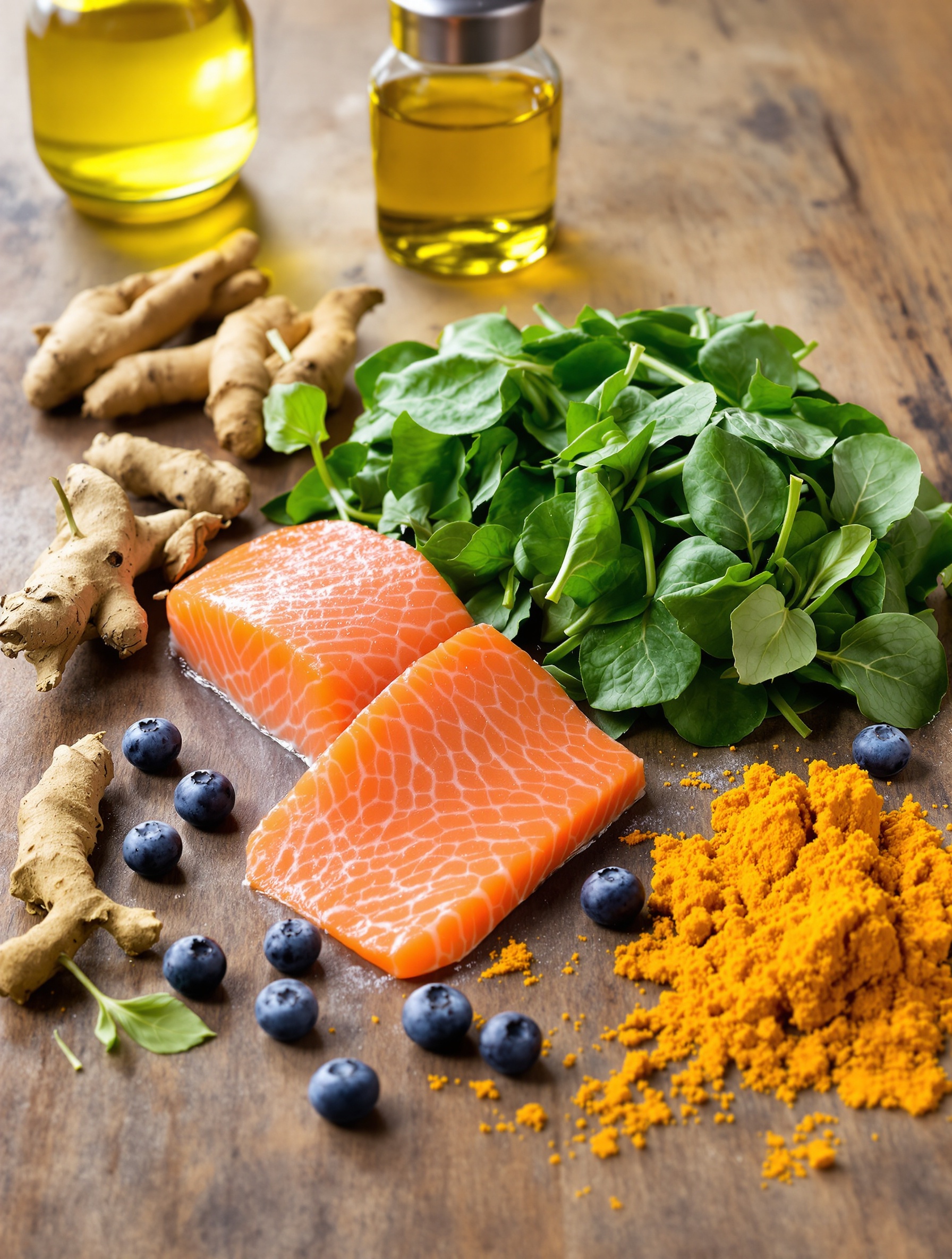 aliments anti-inflammatoires saumon légumes verts curcuma myrtilles huile d’olive table bois