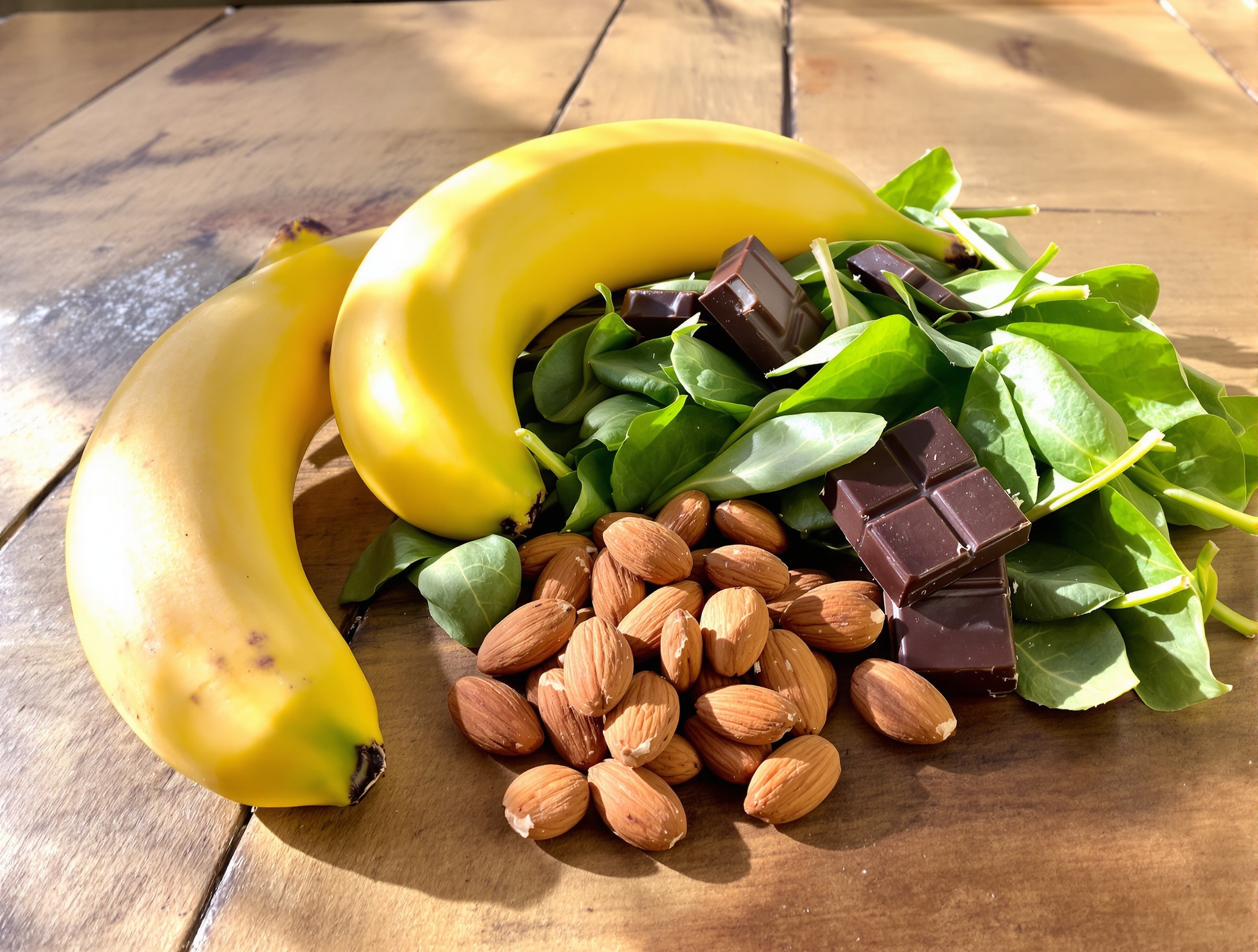 Sélection d'aliments anti-tétanie : banane, chocolat noir, amandes, épinards frais sur une table rustique