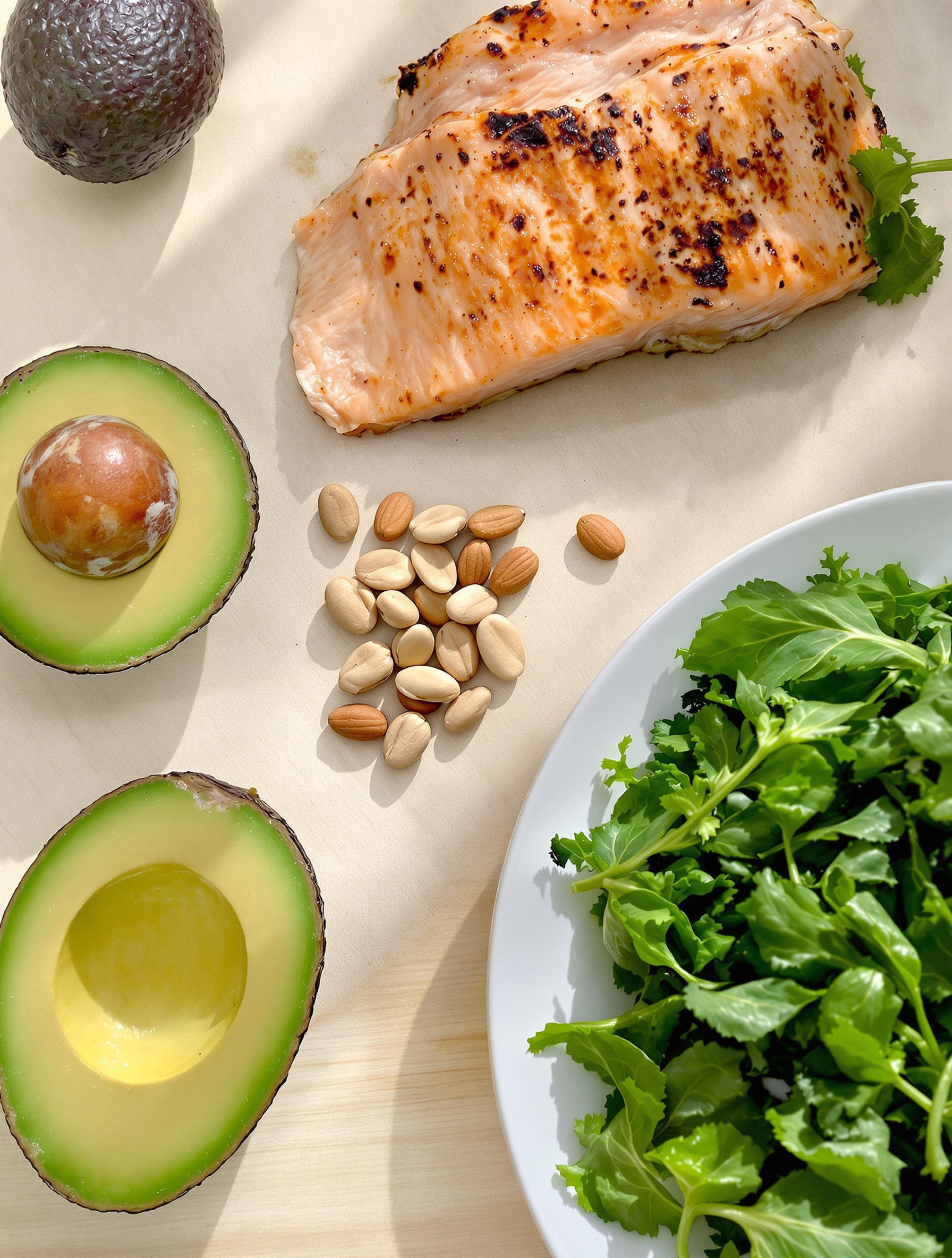 Composition d'aliments sains pour le système vasculaire : avocat, noix, saumon grillé et légumes verts sur table bois clair.