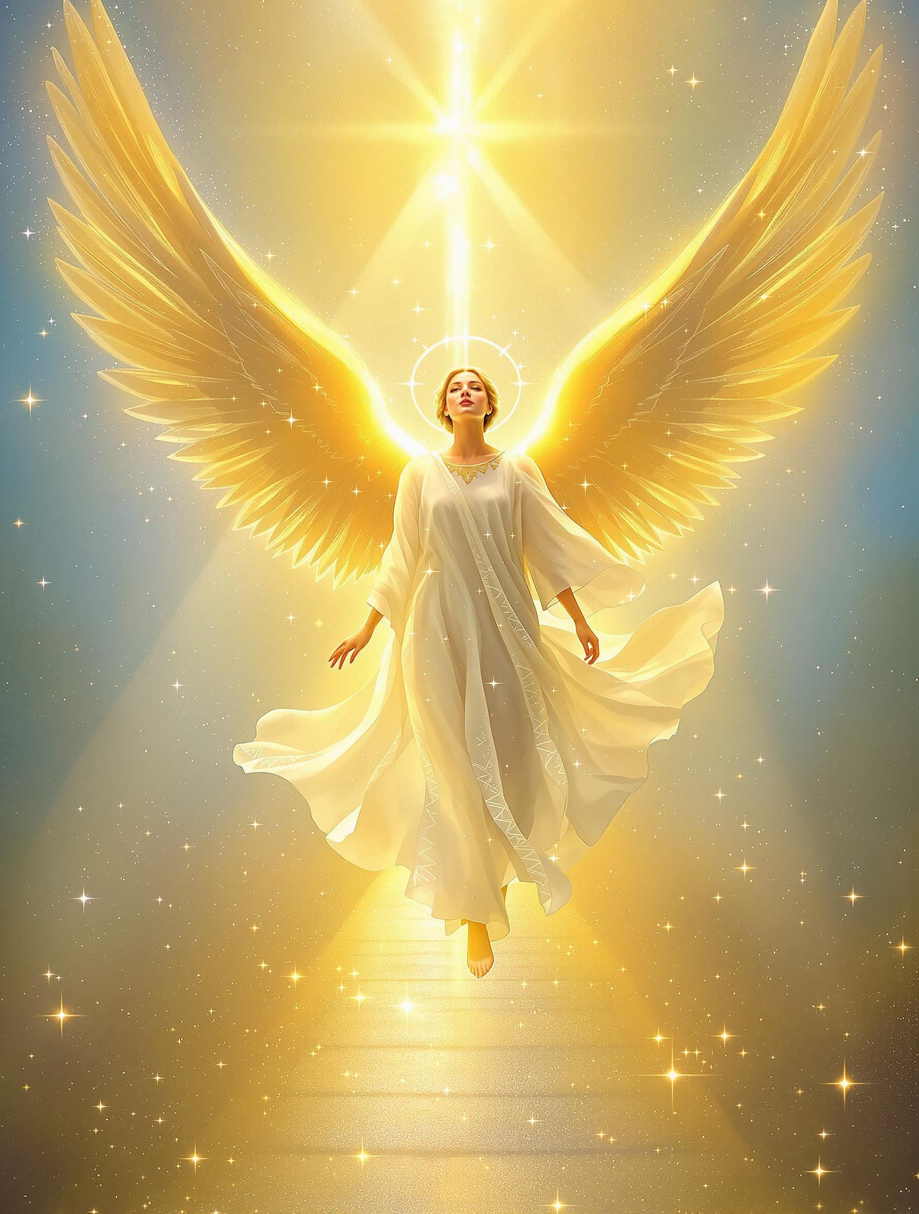 Illustration de l'ange Aniel, porteur de lumière et de sagesse, associé à l'heure miroir 12h12.