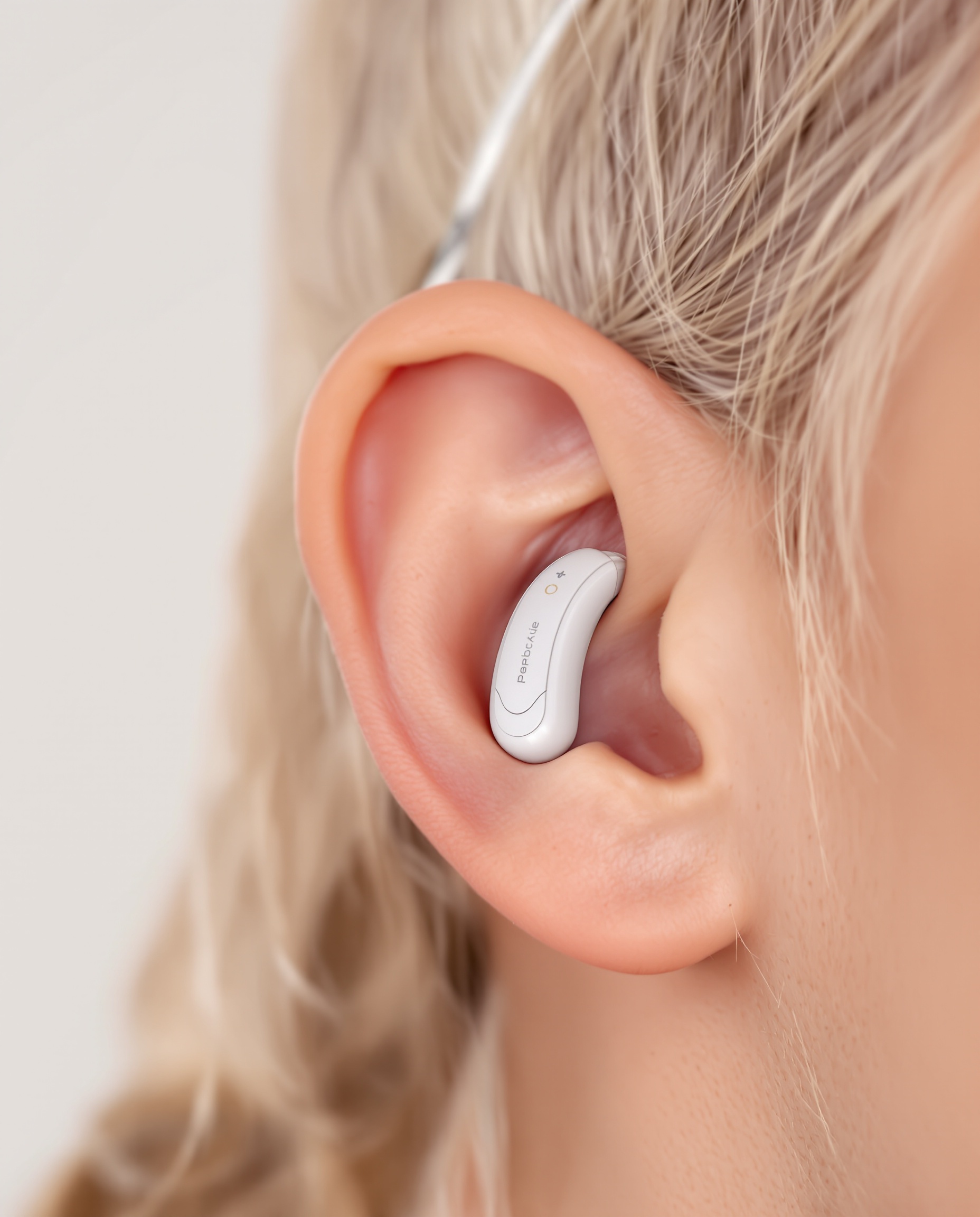 Appareil auditif contour d’oreille BTE moderne posé à côté d’une oreille sur fond neutre
