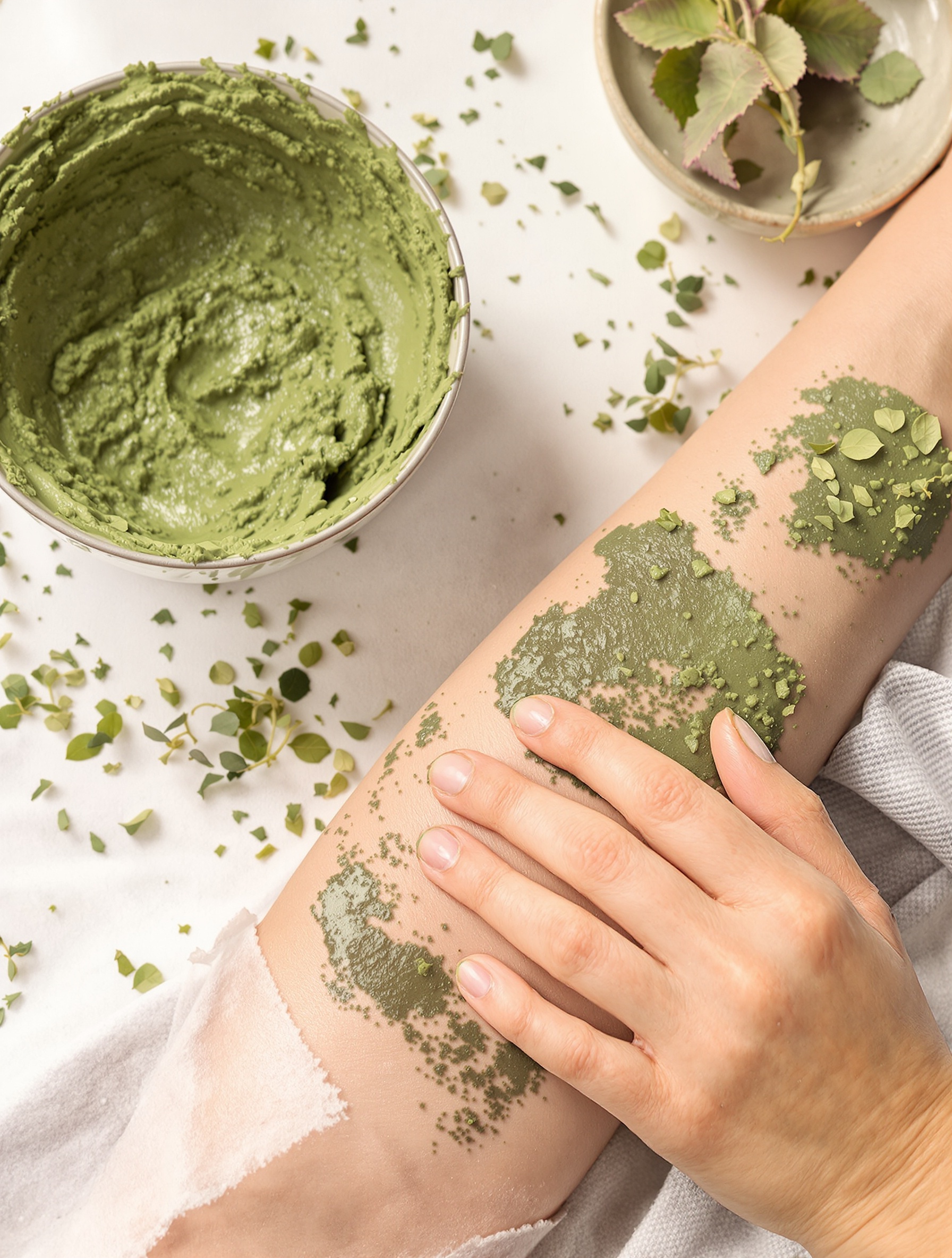 Application pratique d'un cataplasme d'argile verte sur l'avant-bras