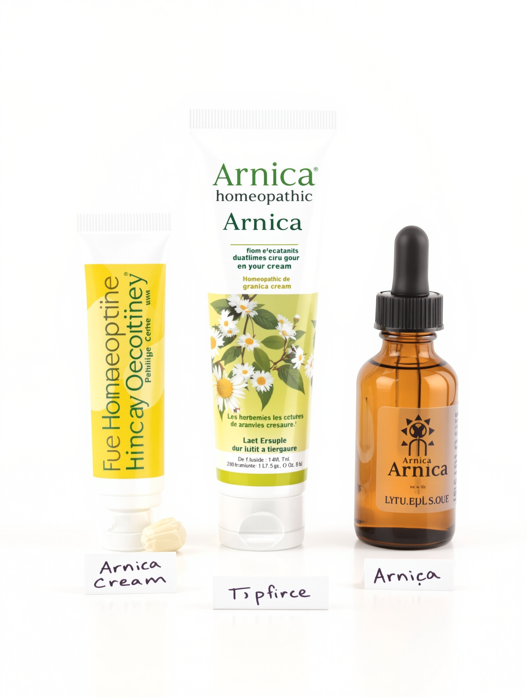 Trois formes d'Arnica : granules homéopathiques, tube de crème, flacon teinture mère