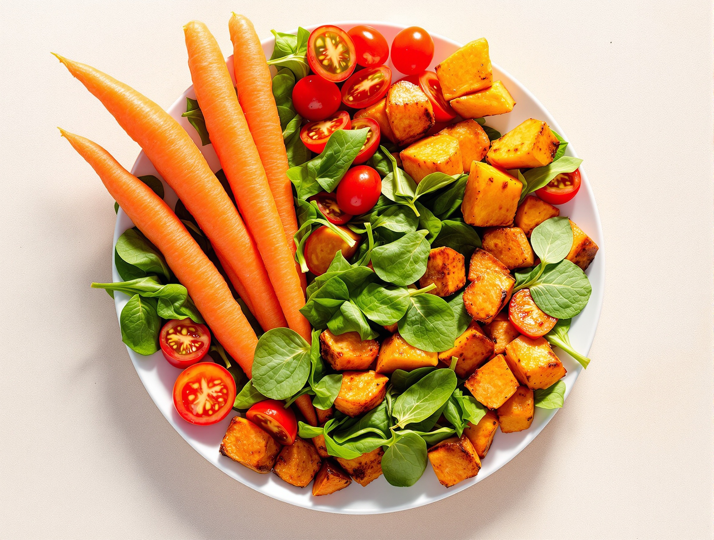 Assiette colorée riche en bêta-carotène pour préparation au bronzage