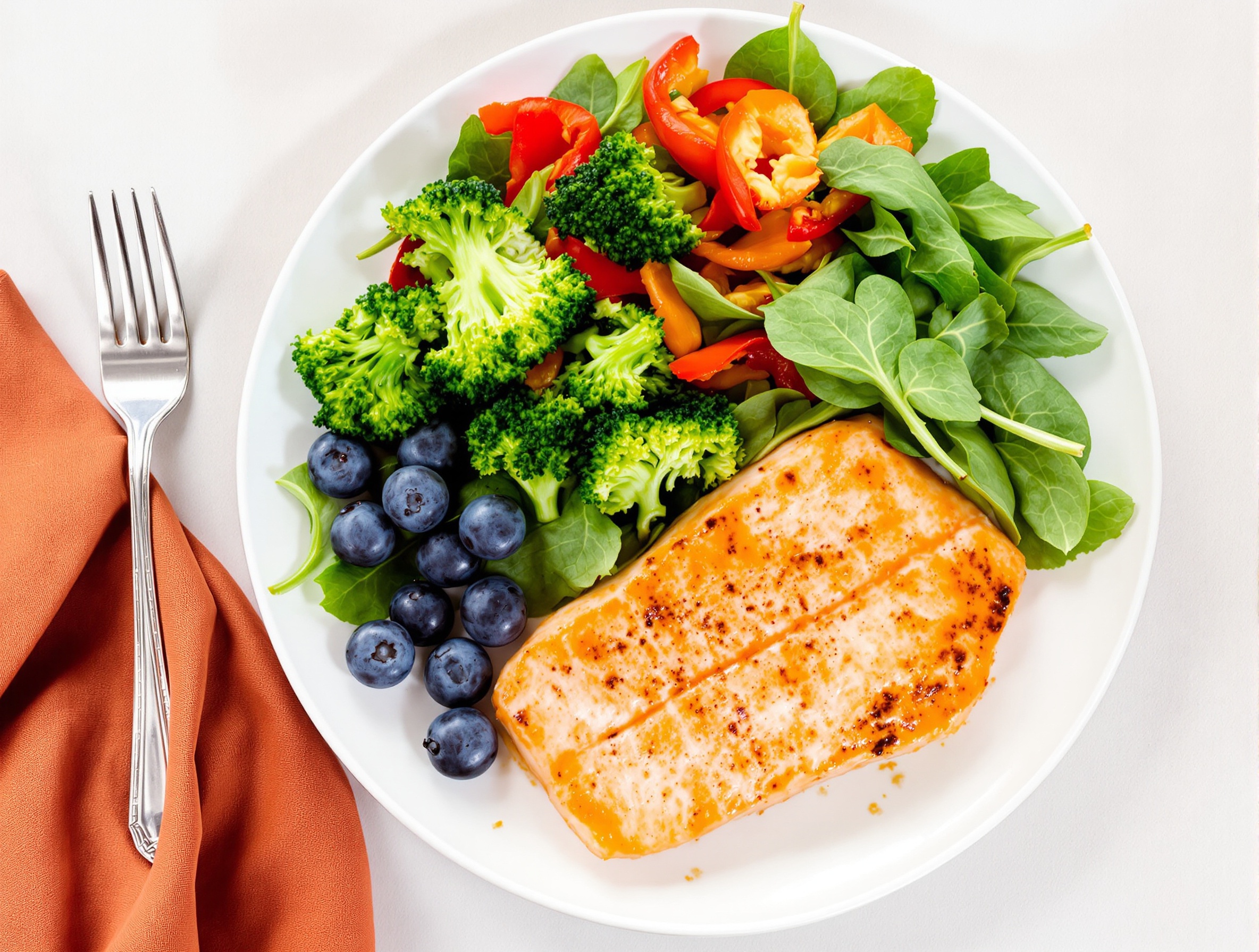Assiette anti-inflammatoire avec légumes variés, saumon et myrtilles