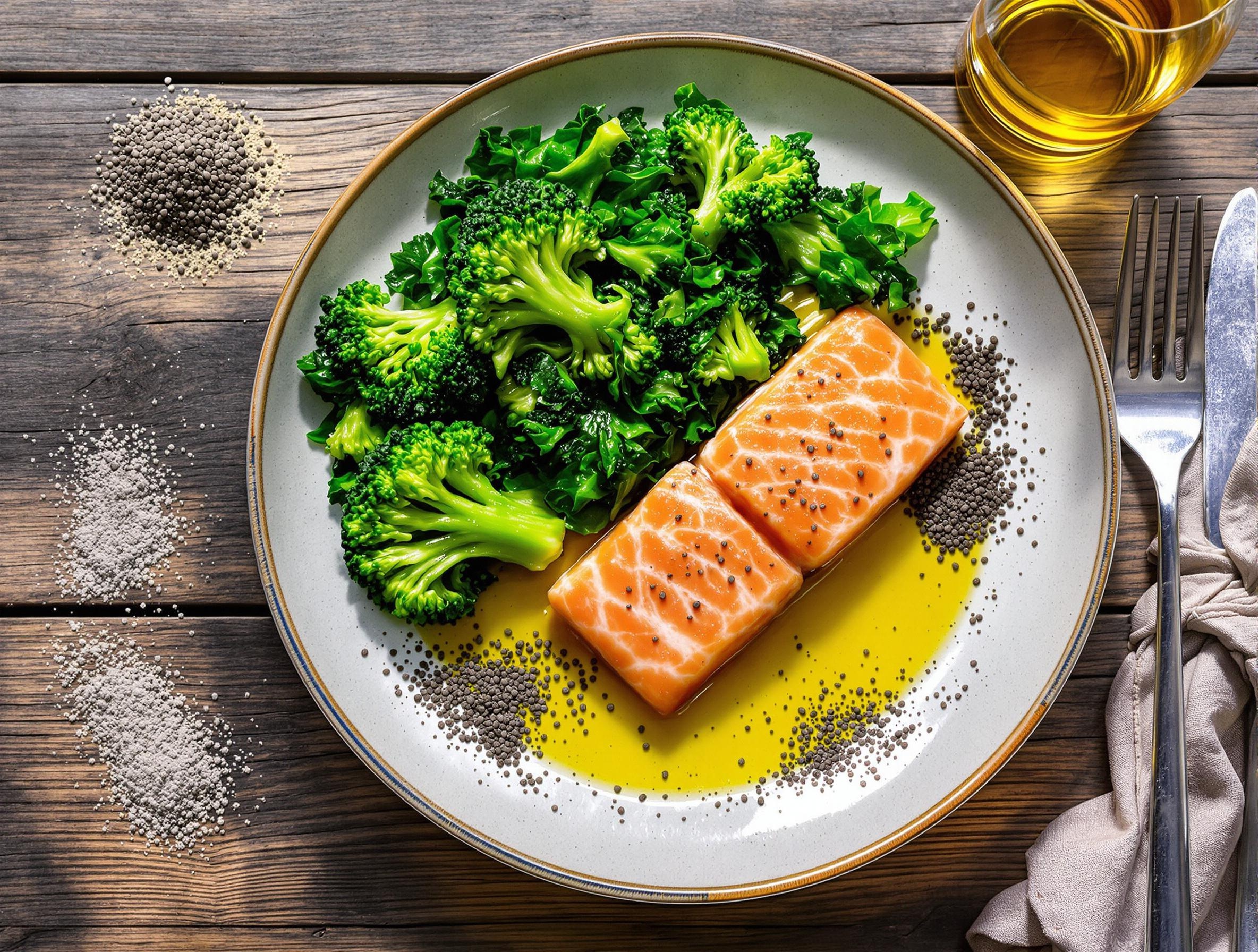 Assiette équilibrée pour une diète anti-inflammatoire : poissons gras, légumes verts, huile d'olive, graines de chia et argile alimentaire