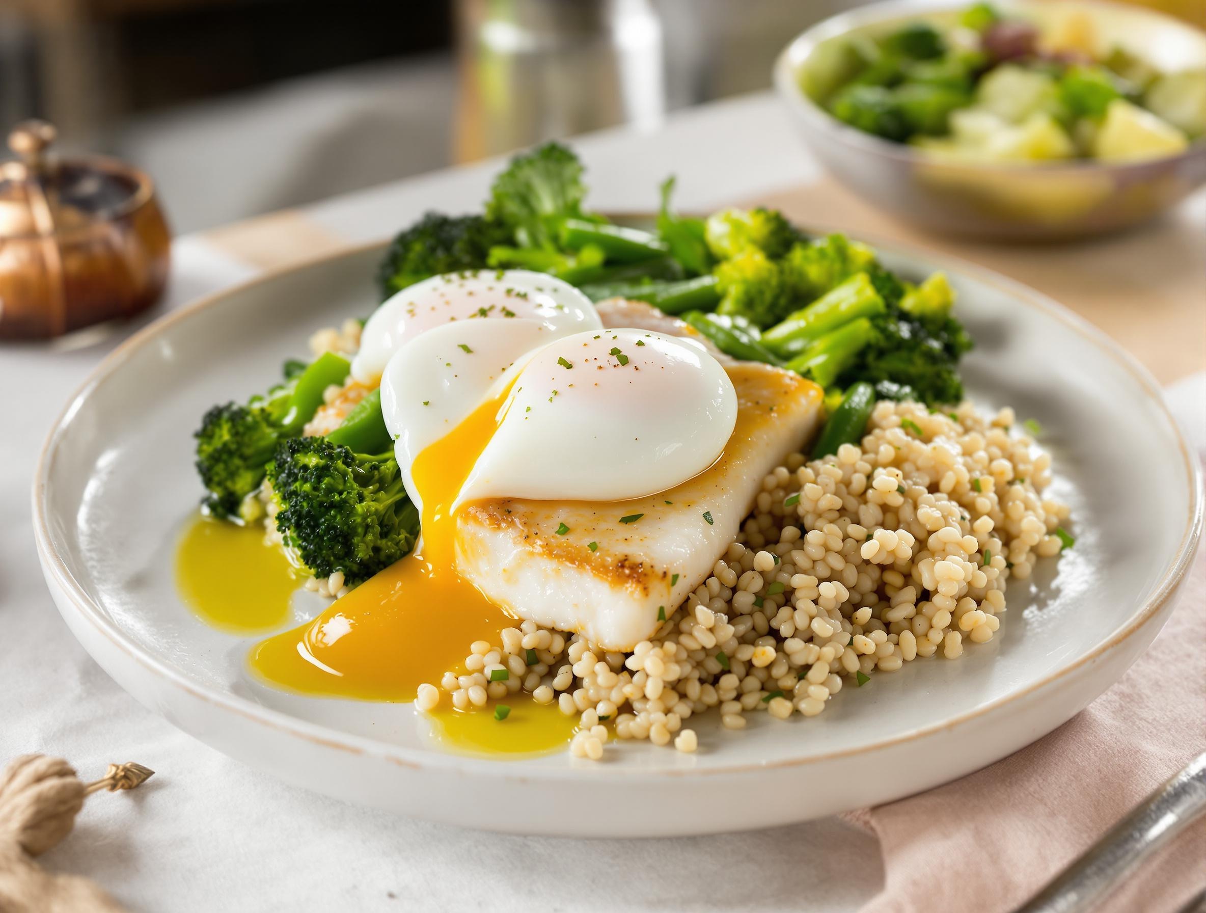 Dîner léger et sain avec poisson, œuf, légumes et quinoa
