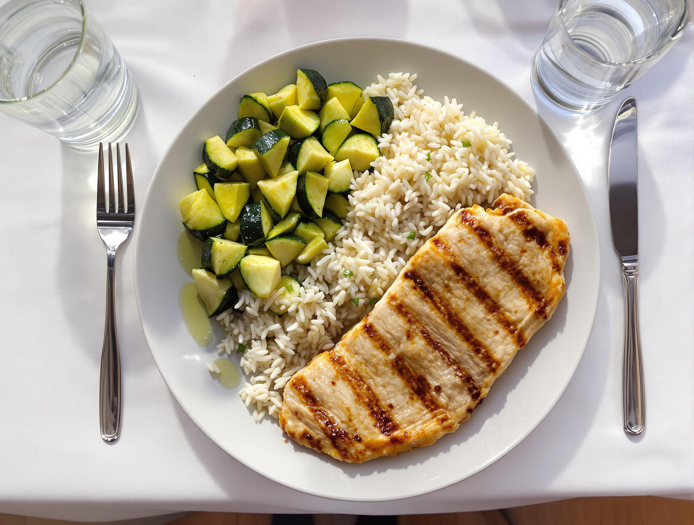 Assiette pré-match pour un match à 15h : riz basmati, escalope de dinde, courgettes vapeur