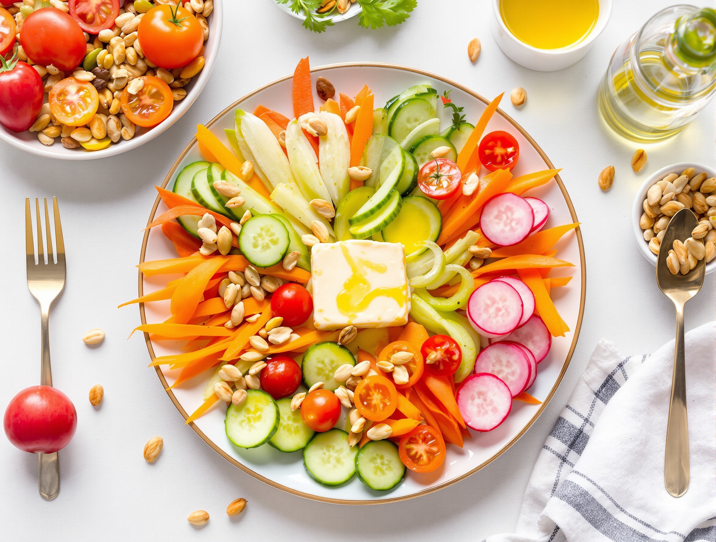 Assiette équilibrée : fromage en petite portion, crudités, noix et filet d'huile d'olive.