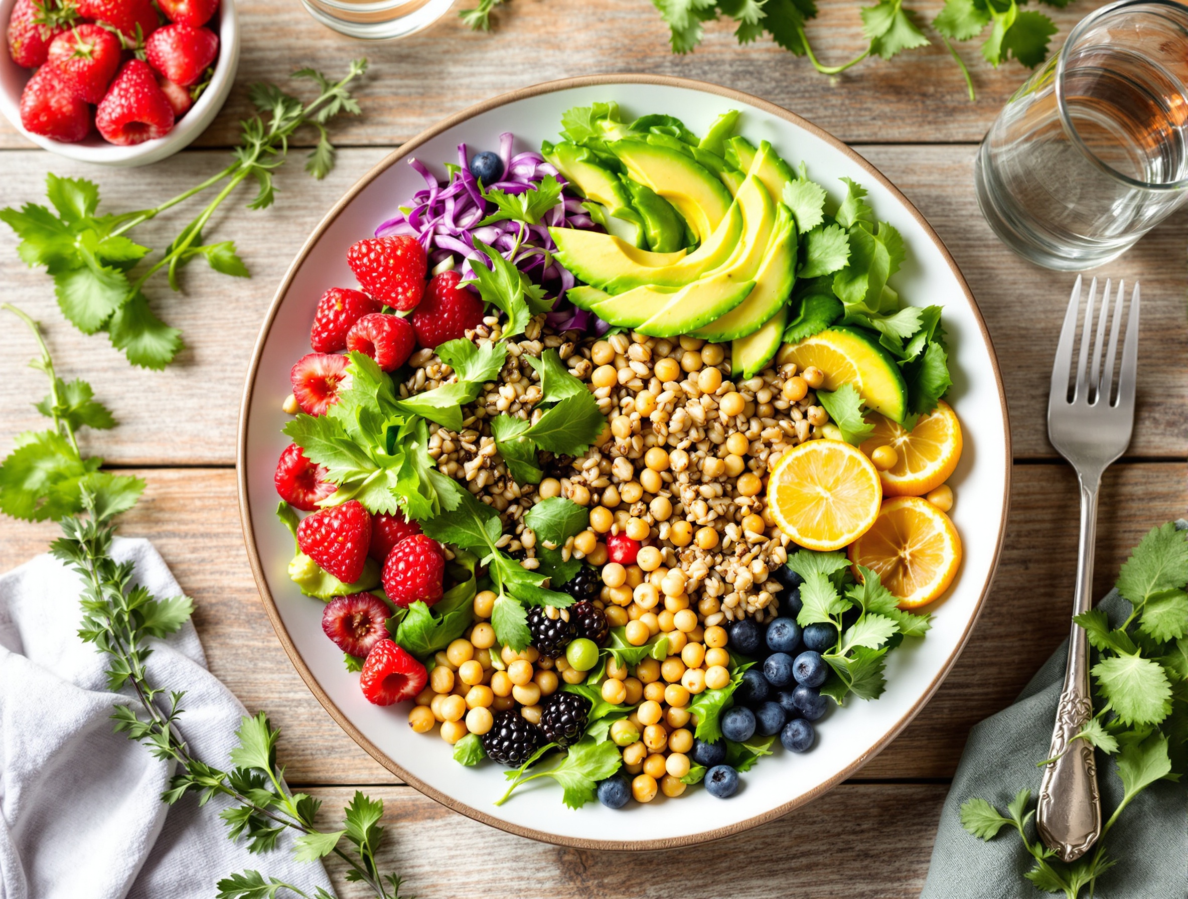 Assiette colorée et équilibrée riche en fruits et légumes pour lutter contre la constipation