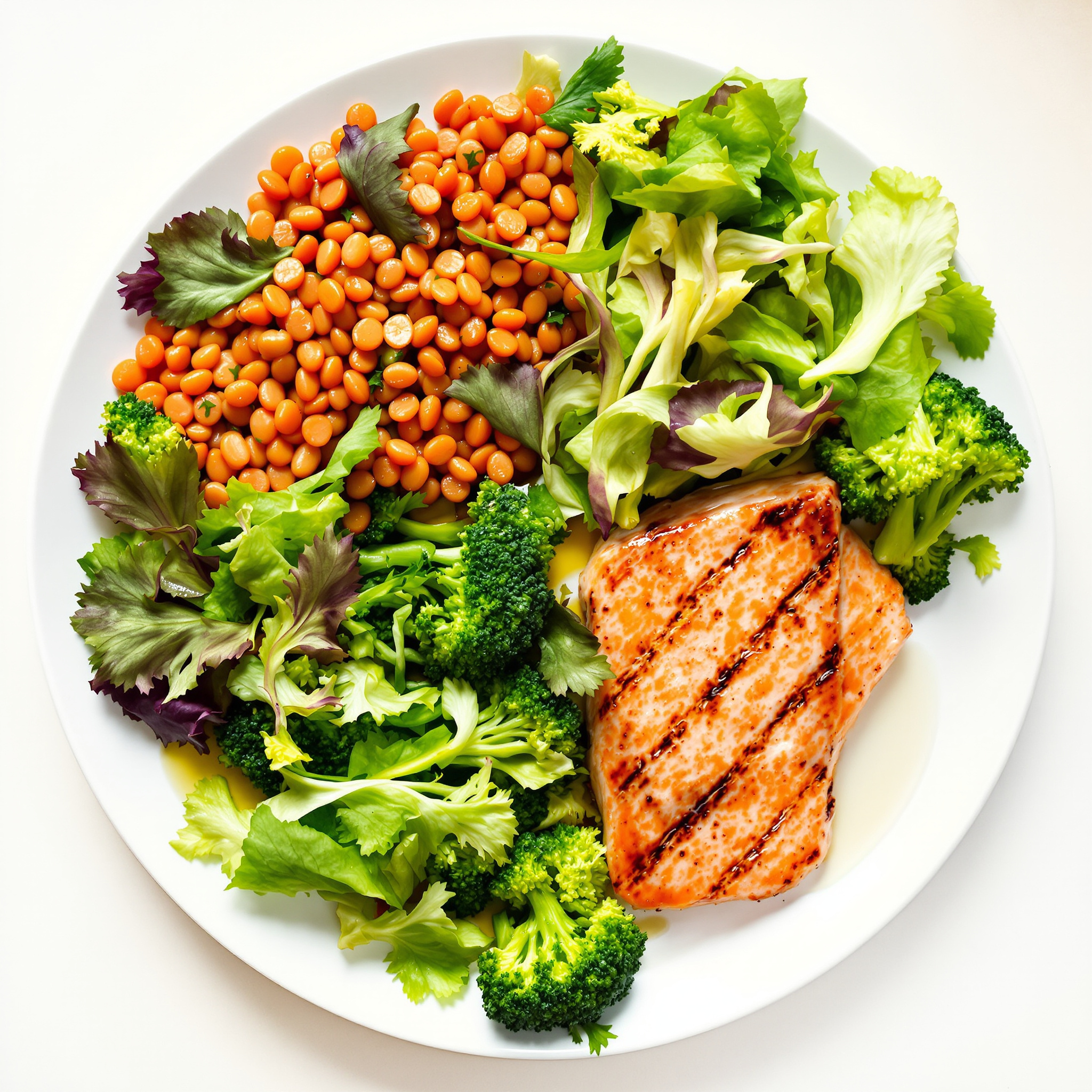 Une assiette ronde et blanche, parfaitement composée selon la méthode 1/2, 1/4, 1/4 : une moitié avec une salade verte et des brocolis vapeur, un quart avec des lentilles corail, et un quart avec un pavé de saumon grillé, le tout arrosé d'un filet d'huile d'olive.