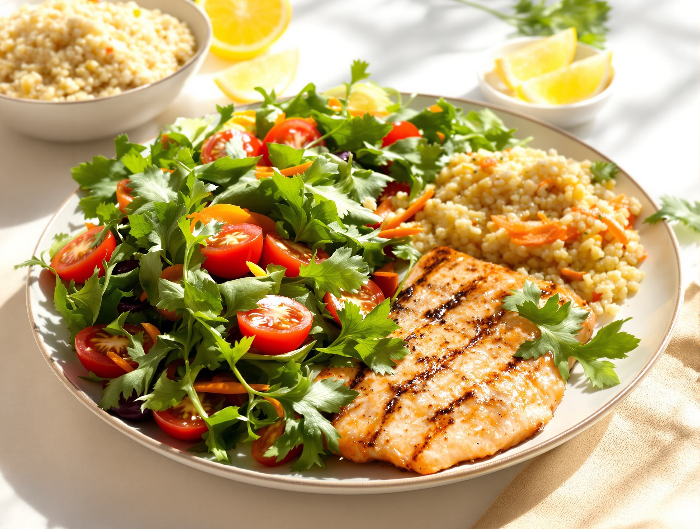 Assiette équilibrée colorée saumon salade quinoa