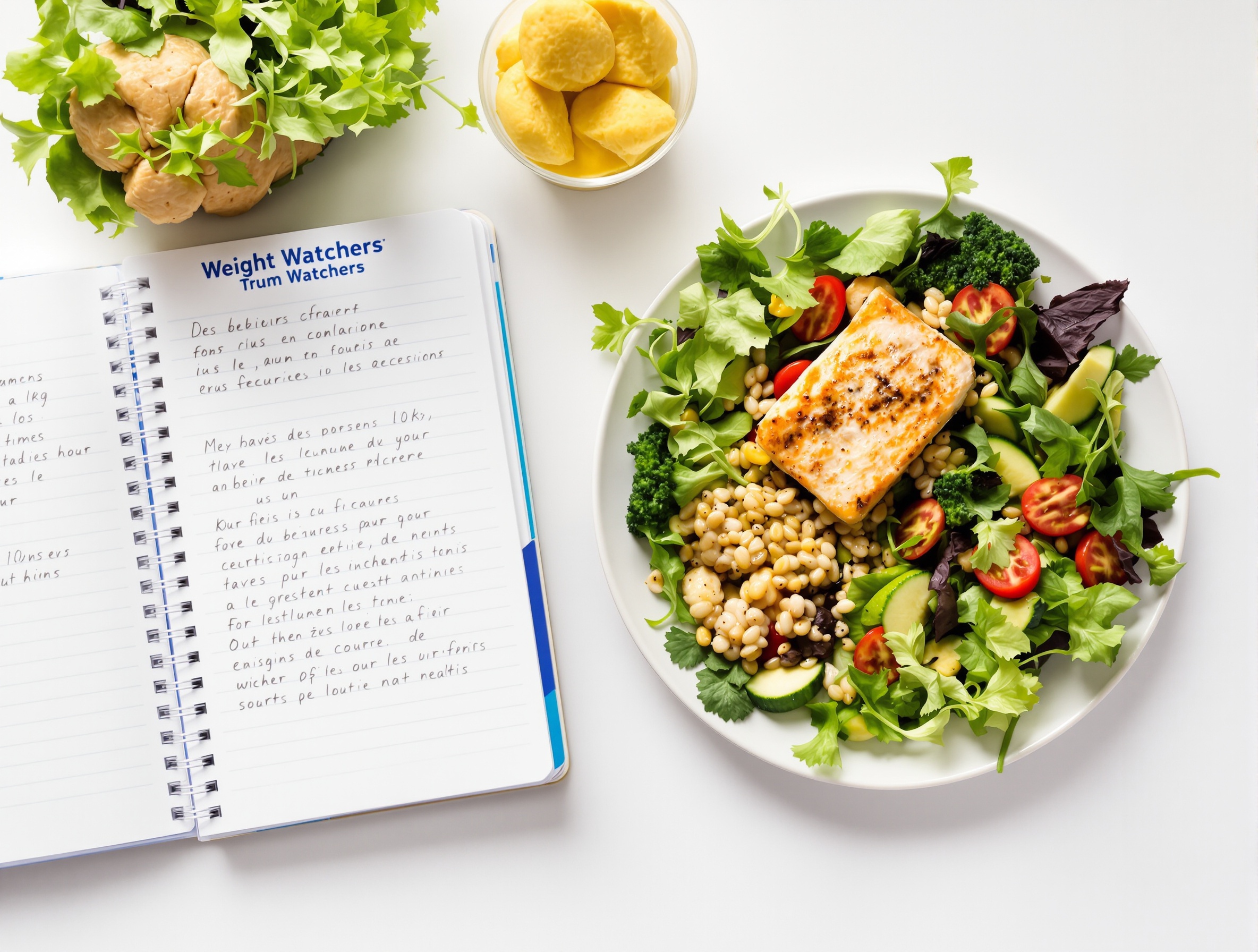 Assiette équilibrée et carnet Weight Watchers, symbolisant la stabilisation après une perte de poids.