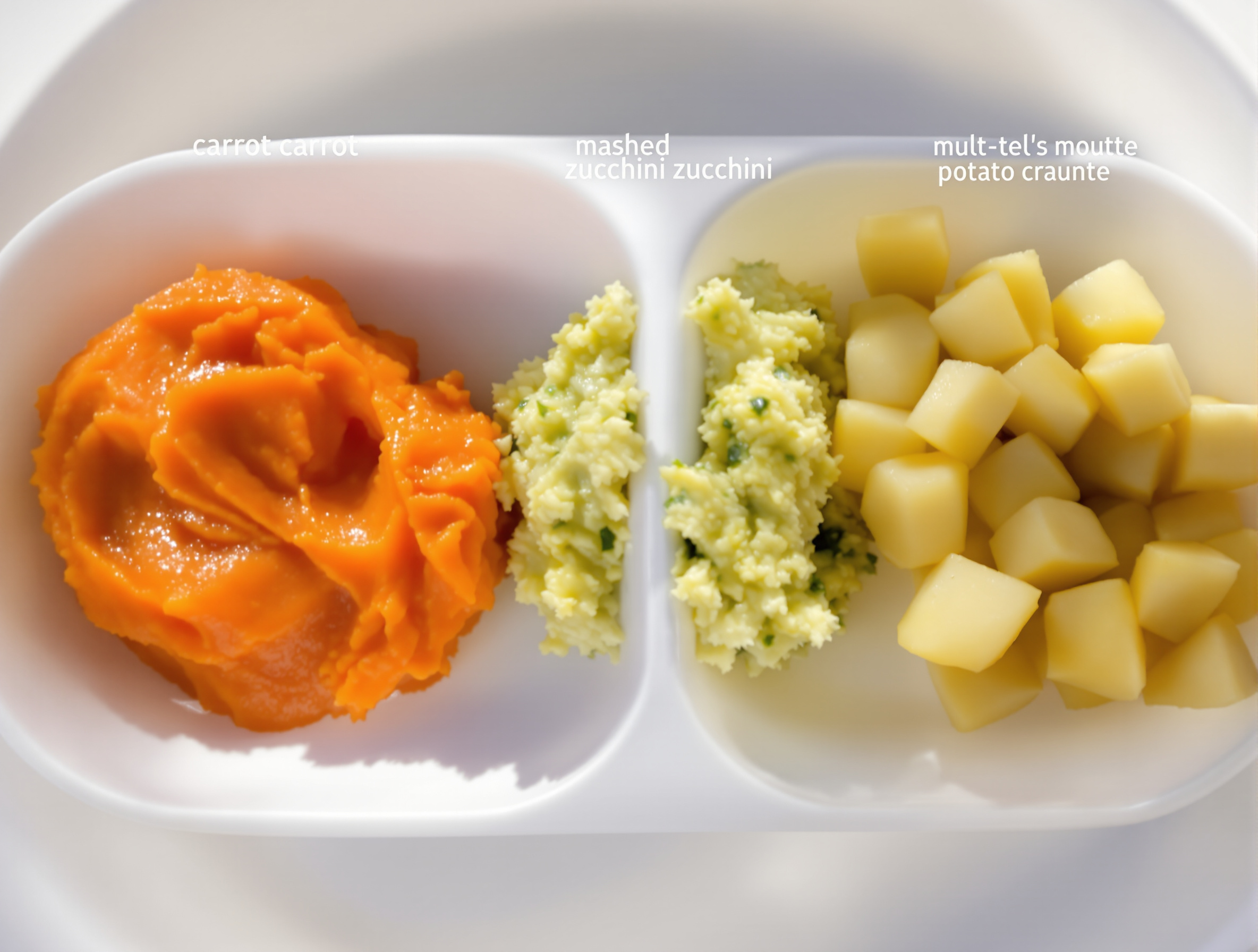 Assiette compartimentée montrant purée lisse de carotte, écrasé de courgette et morceaux de pomme de terre pour bébé en diversification.