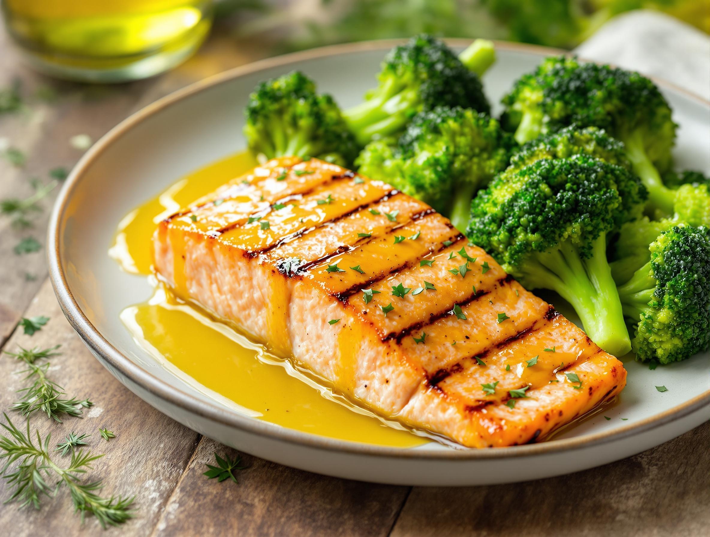 Repas complet keto : poisson gras et légumes verts riches en fibres pour maintenir la cétose
