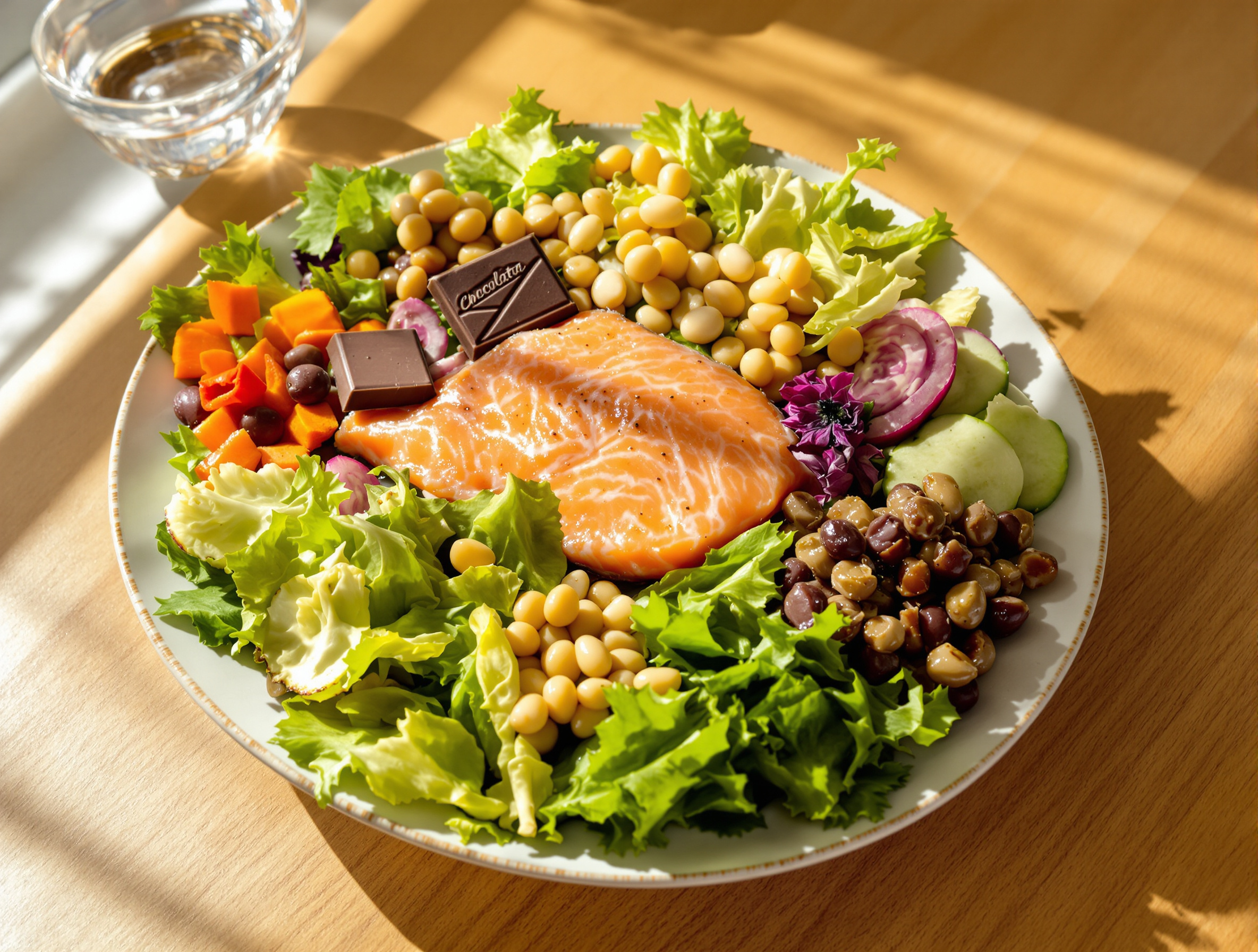 assiette nutrition anti-stress riche en légumes verts, poissons gras et chocolat noir