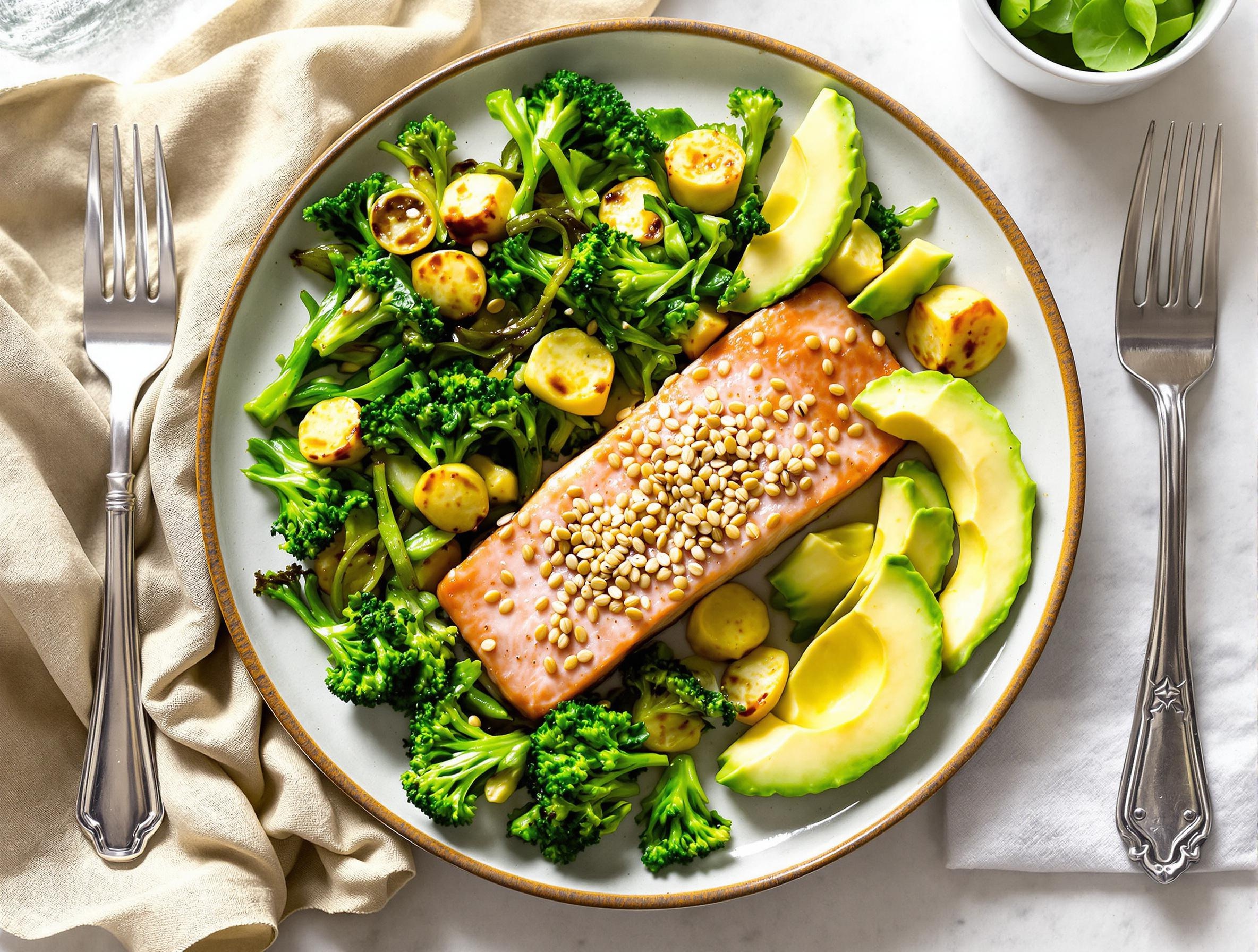 Assiette colorée riche en oméga-3 (saumon, graines de lin) et légumes verts pour un repas anti-inflammatoire