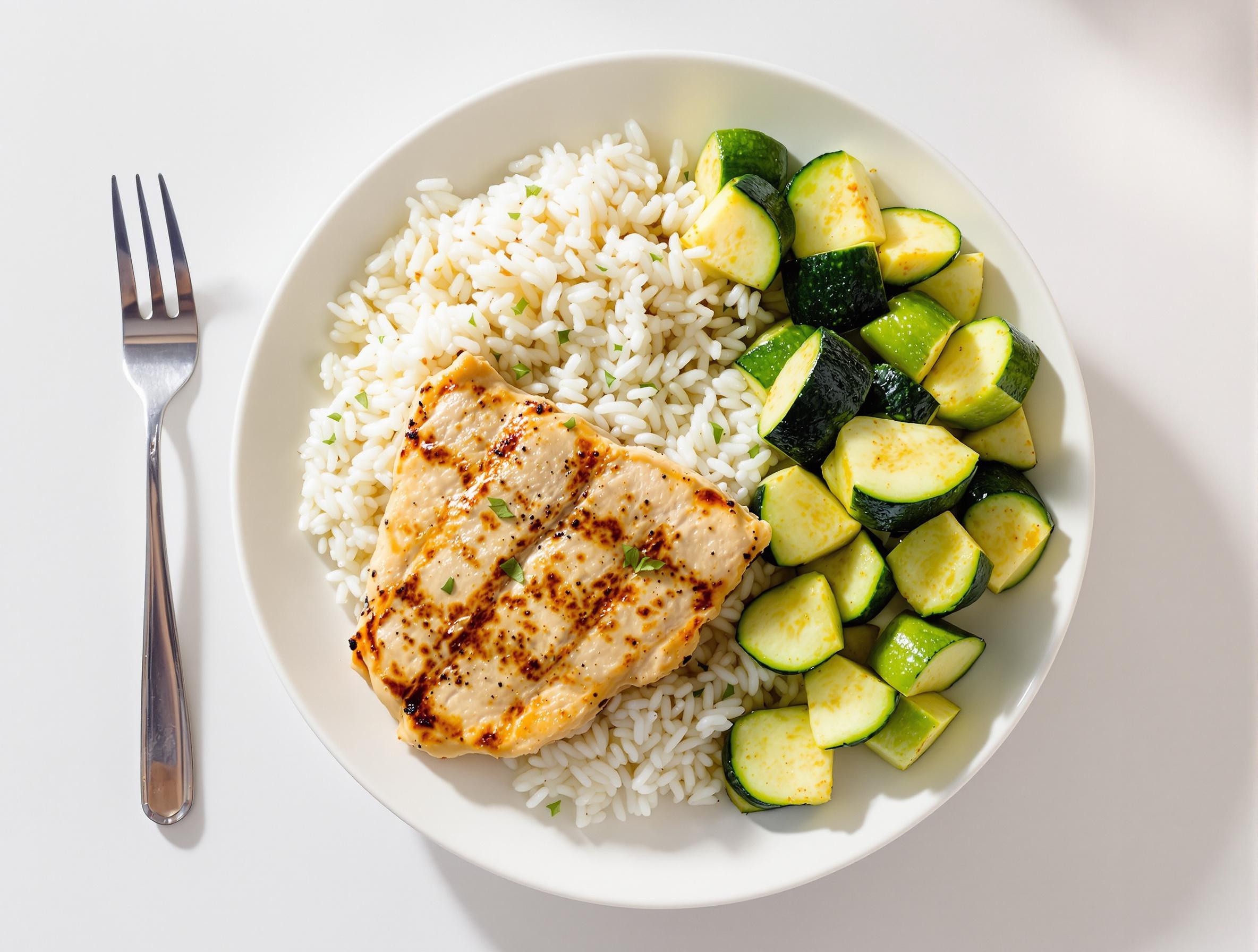 Assiette équilibrée pour un match : riz basmati, escalope de dinde, courgettes vapeur