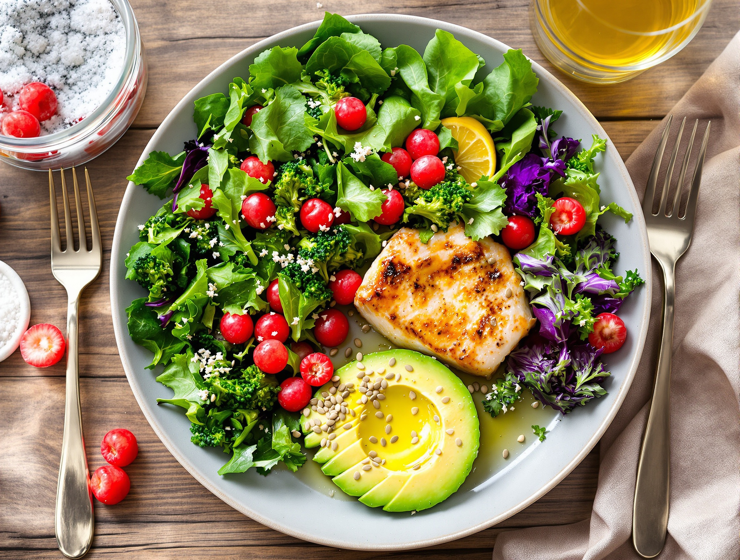 Assiette colorée anti-inflammatoire avec légumes verts, baies rouges et poisson gras.