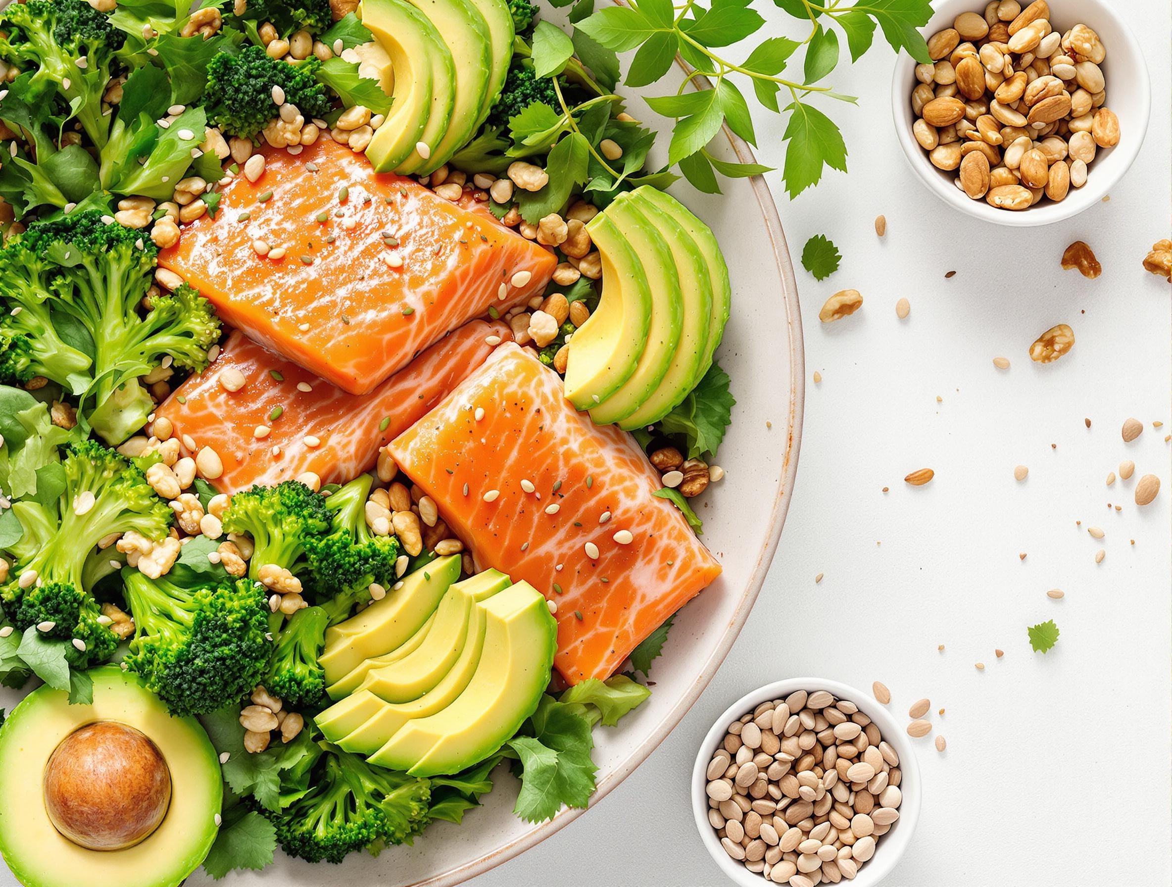 Assiette équilibrée avec poissons gras, légumes verts, noix et graines de lin, illustrant un repas anti-inflammatoire.