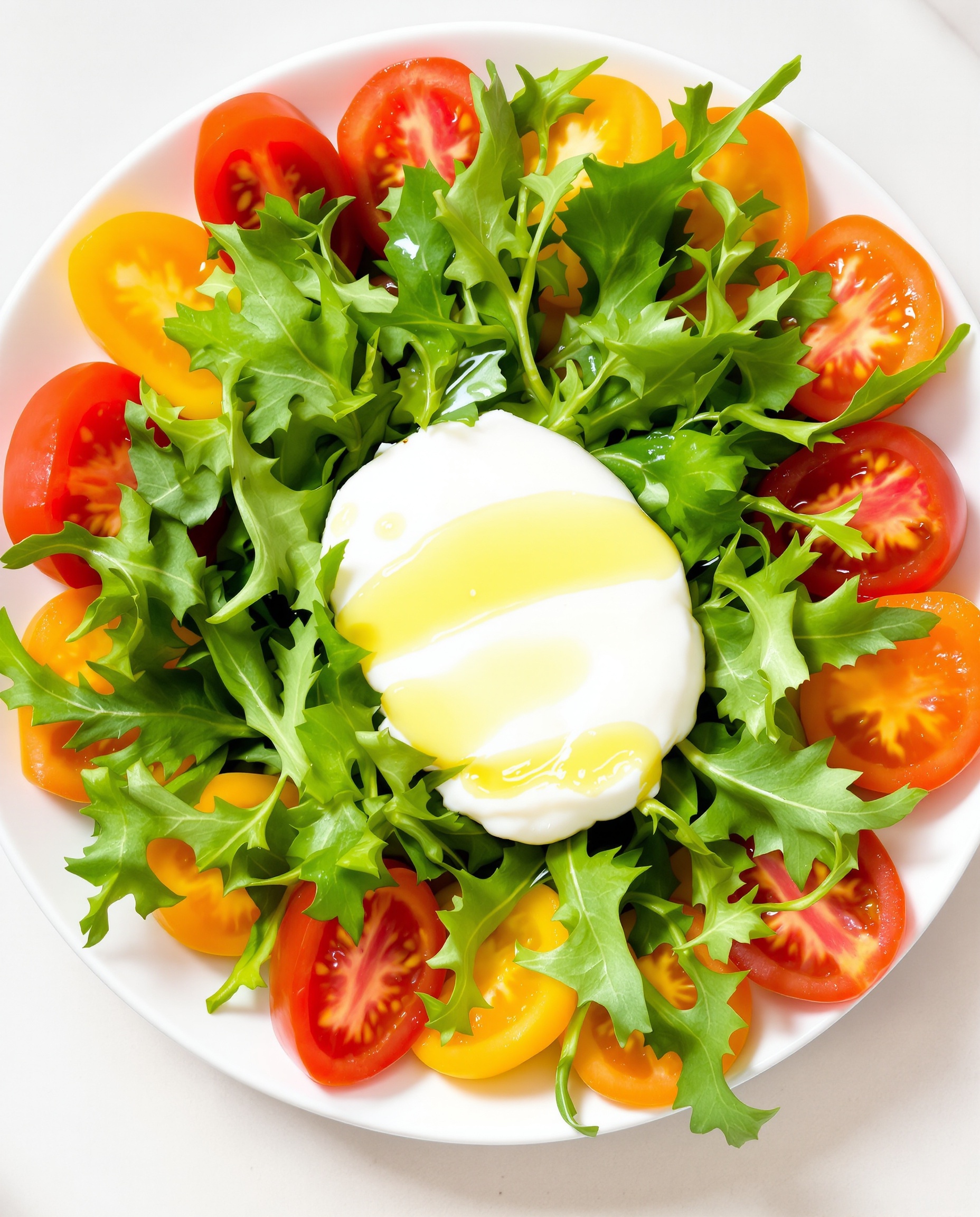 Assiette saine avec demi-burrata sur lit de roquette et tomates colorées