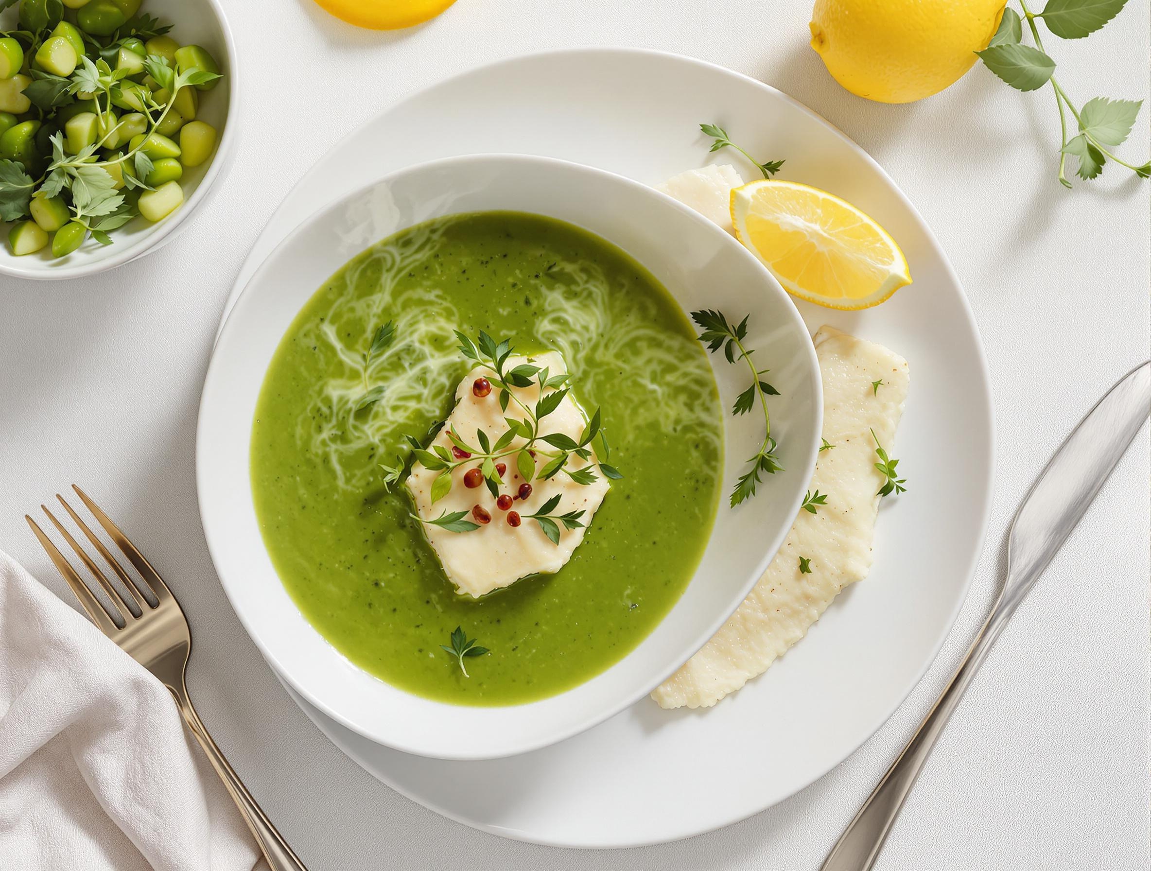 Assiette saine avec soupe de courgette et cabillaud vapeur au citron et herbes