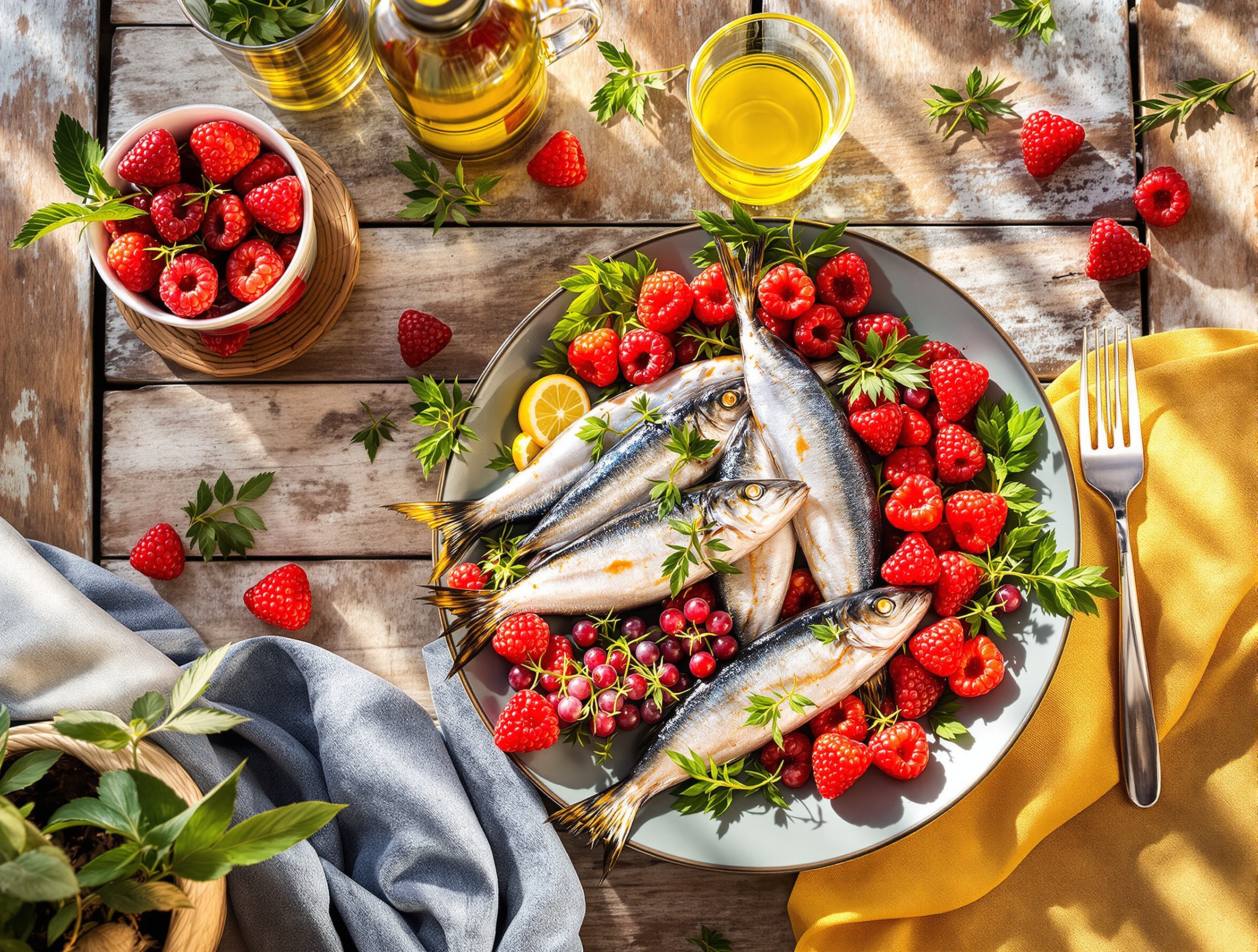 assiette colorée sardines maquereaux fruits rouges thé vert huile d'olive