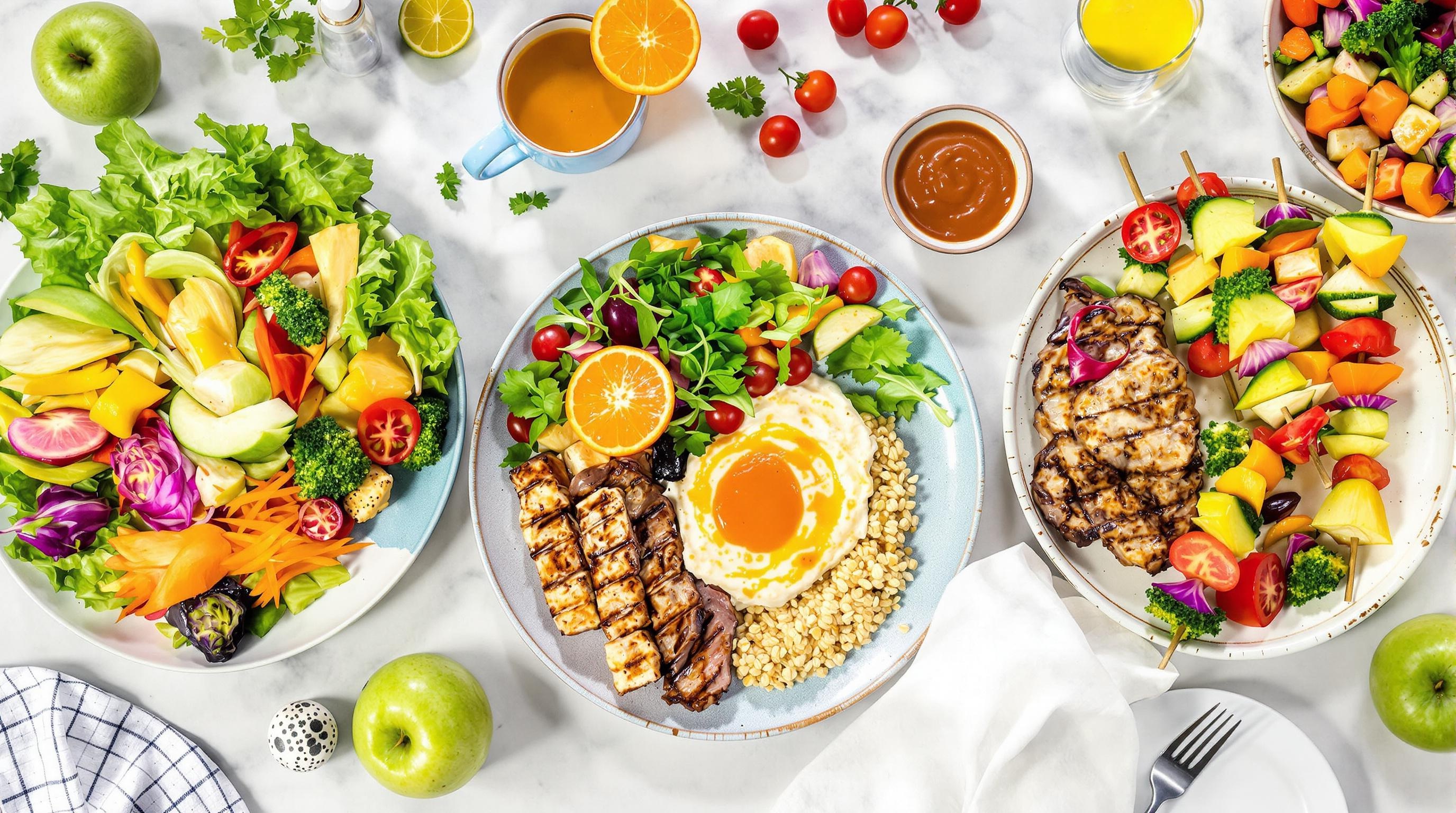 Assiettes vegan pour perte de poids, sport et famille avec brochettes, ketchup maison et tofu