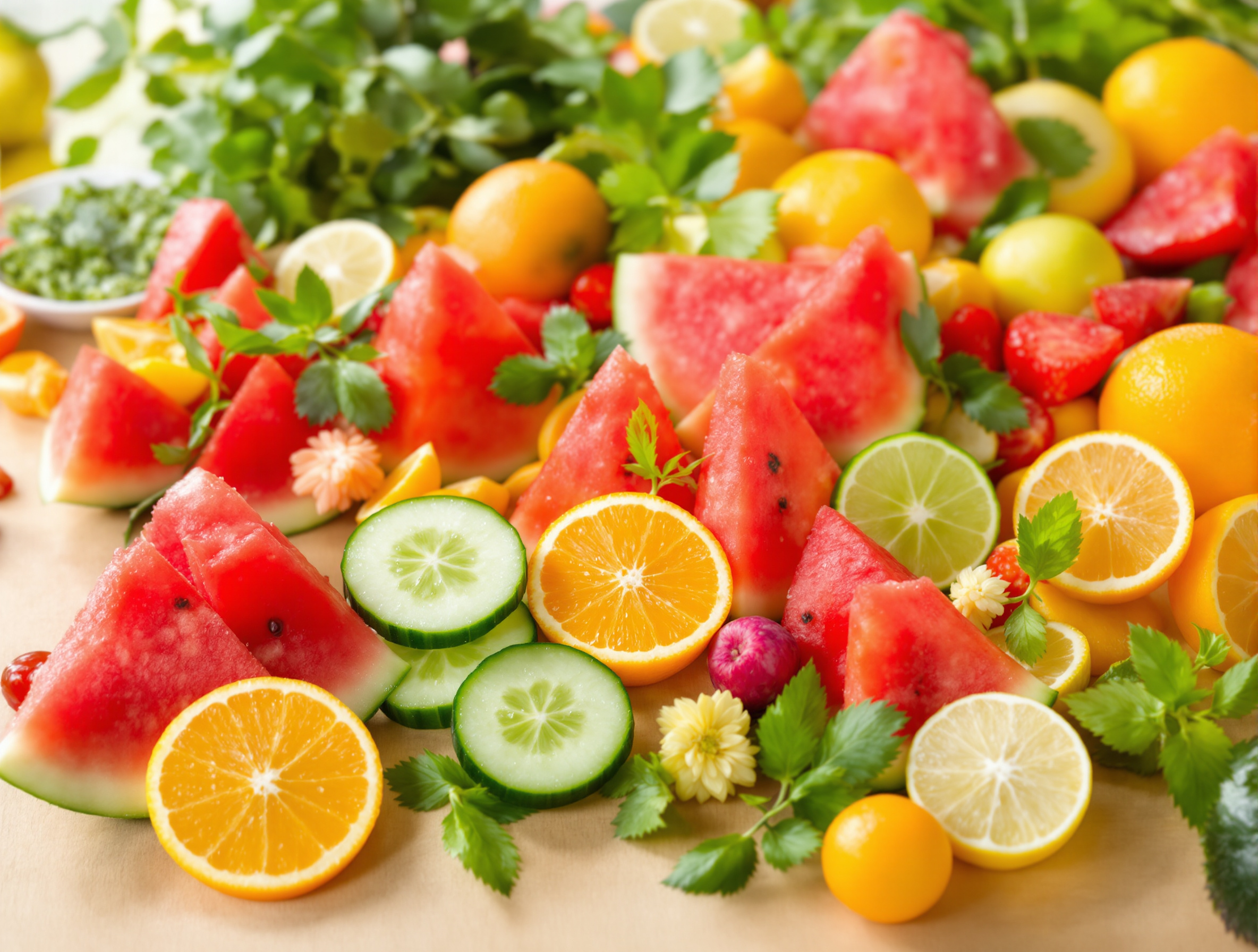 Assortiment coloré de fruits et légumes frais riches en eau, comme la pastèque, le concombre et les agrumes, disposés sur une table en bois clair.