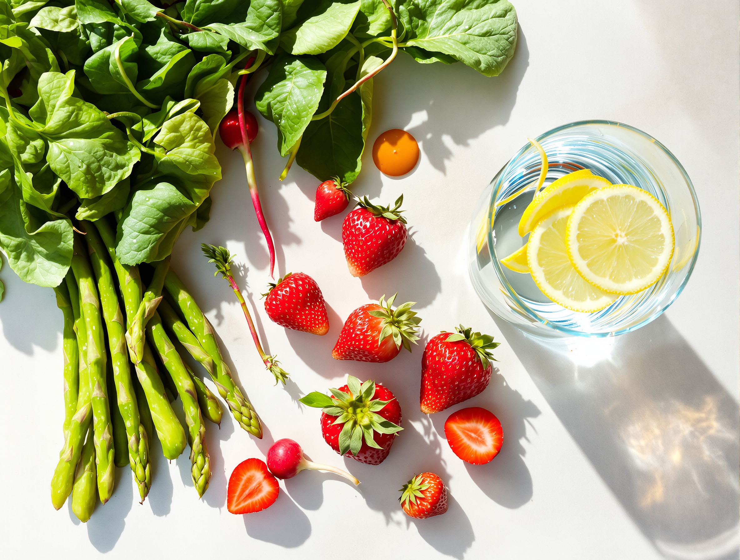 Un assortiment de fruits et légumes frais de printemps (asperges, radis, fraises, épinards) à côté d'un verre d'eau citronnée, symbolisant la fraîcheur et la vitalité de la cure détox.