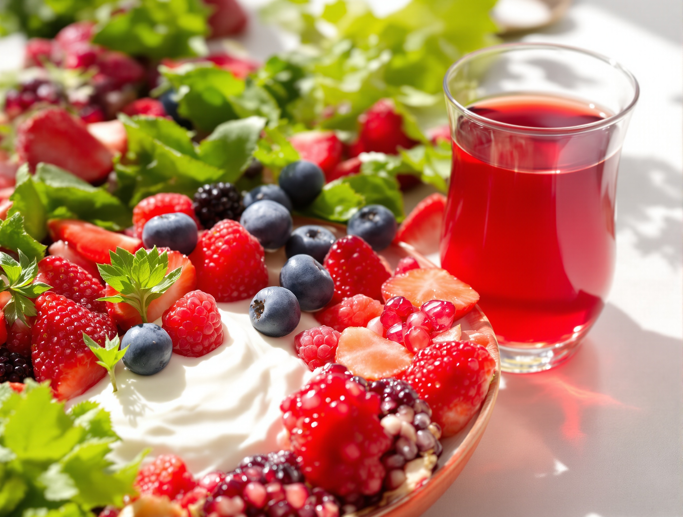 Aliments bénéfiques pour prévenir les infections urinaires : fruits rouges, yaourt nature, légumes verts et jus de grenade