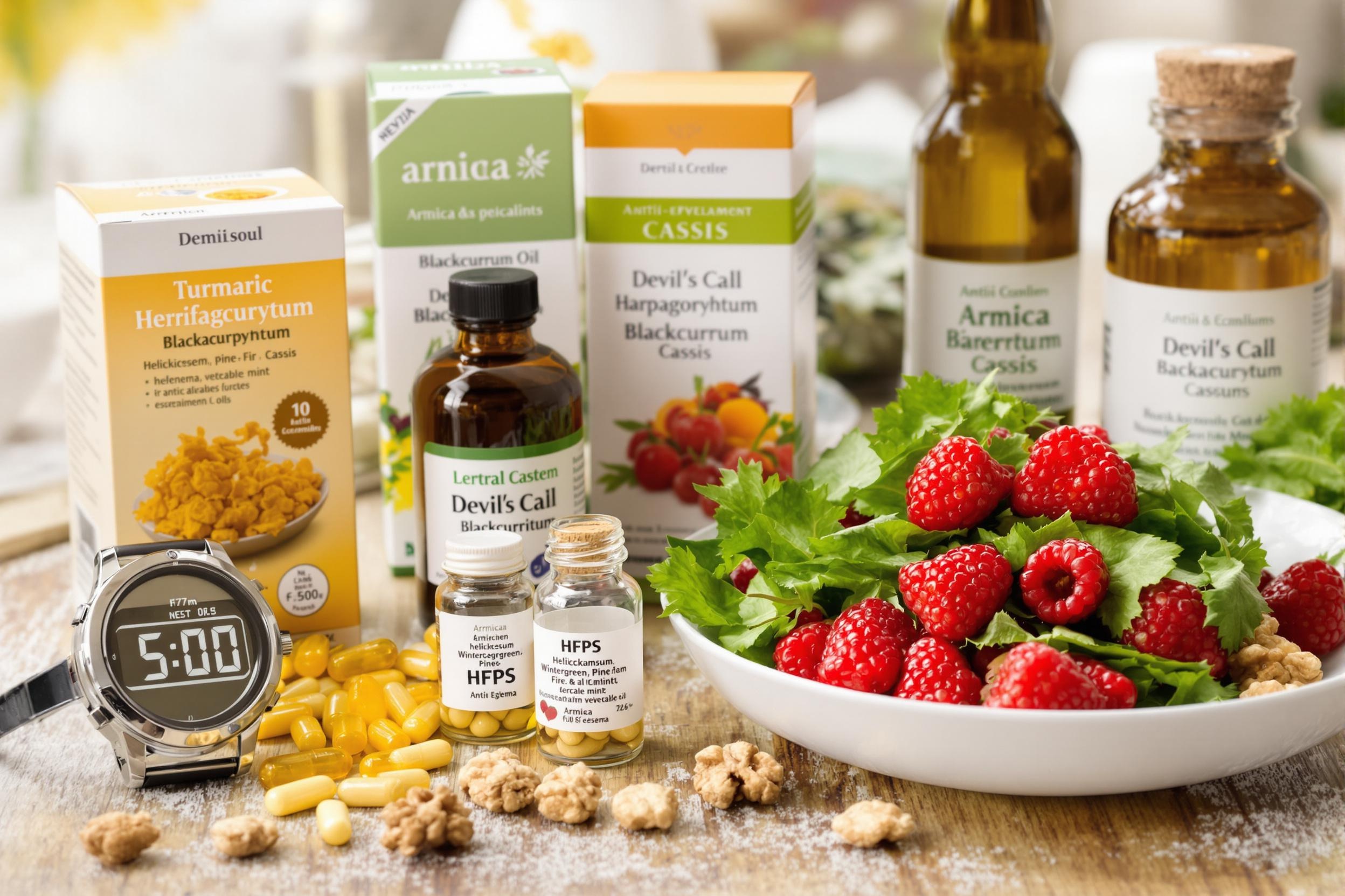 Phytothérapie anti-inflammatoire avec gélules de curcuma, harpagophytum et cassis, huiles essentielles HFPS diluées, assiette de fruits rouges, épinards, persil et noix, et minuterie pour gestion du stress