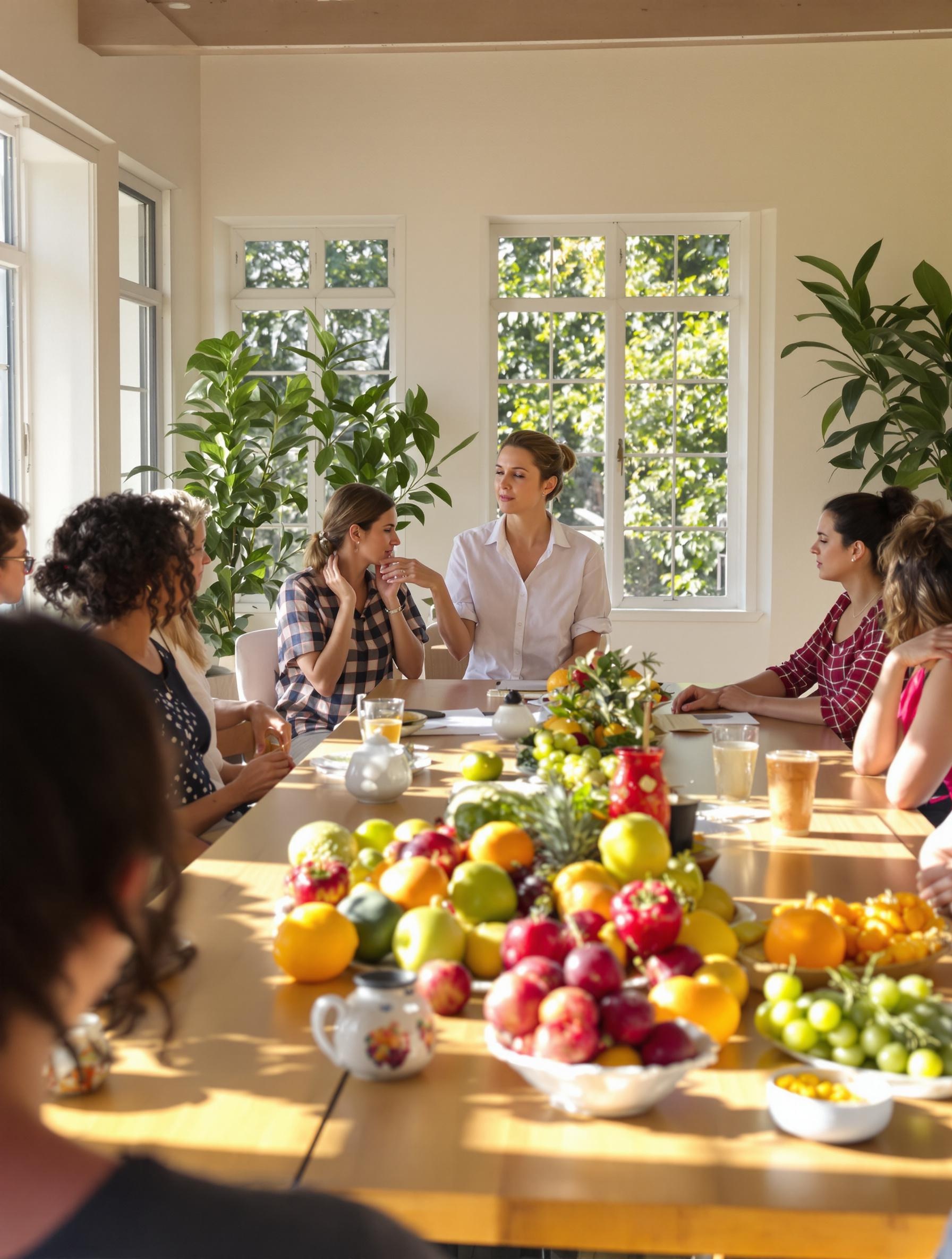 atelier de groupe : naturopathe guide une séance respiration avec fruits et herbes fraîches sur la table