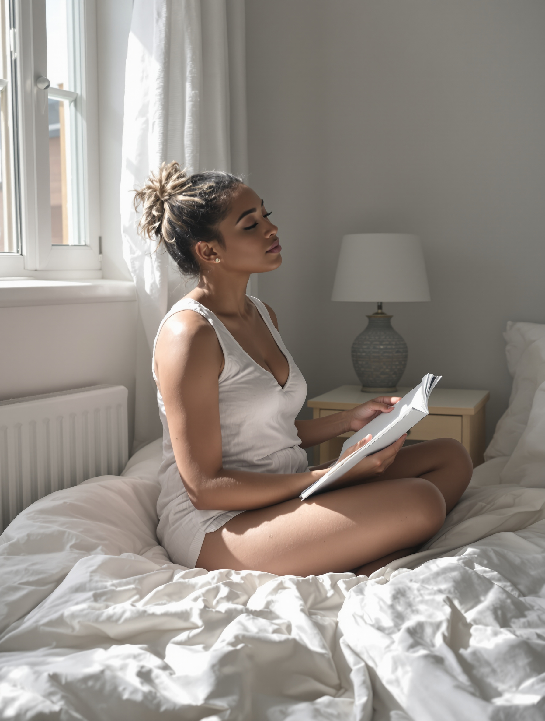 Auto-diagnostic du sommeil : une personne assise sur son lit, carnet à la main, lumière douce du matin