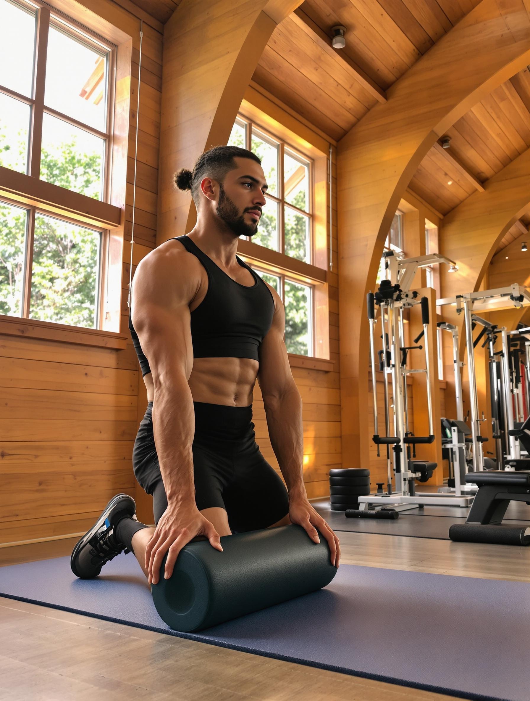 Auto-massage quadriceps avec rouleau myofascial, gymnase boisé de Lausanne en arrière-plan