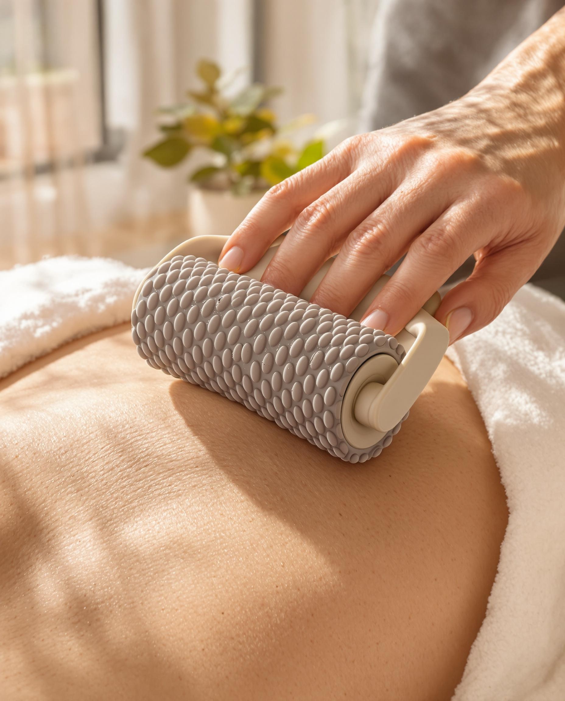 Auto-massage pour drainage lymphatique avec rouleau strié après une séance de madérothérapie