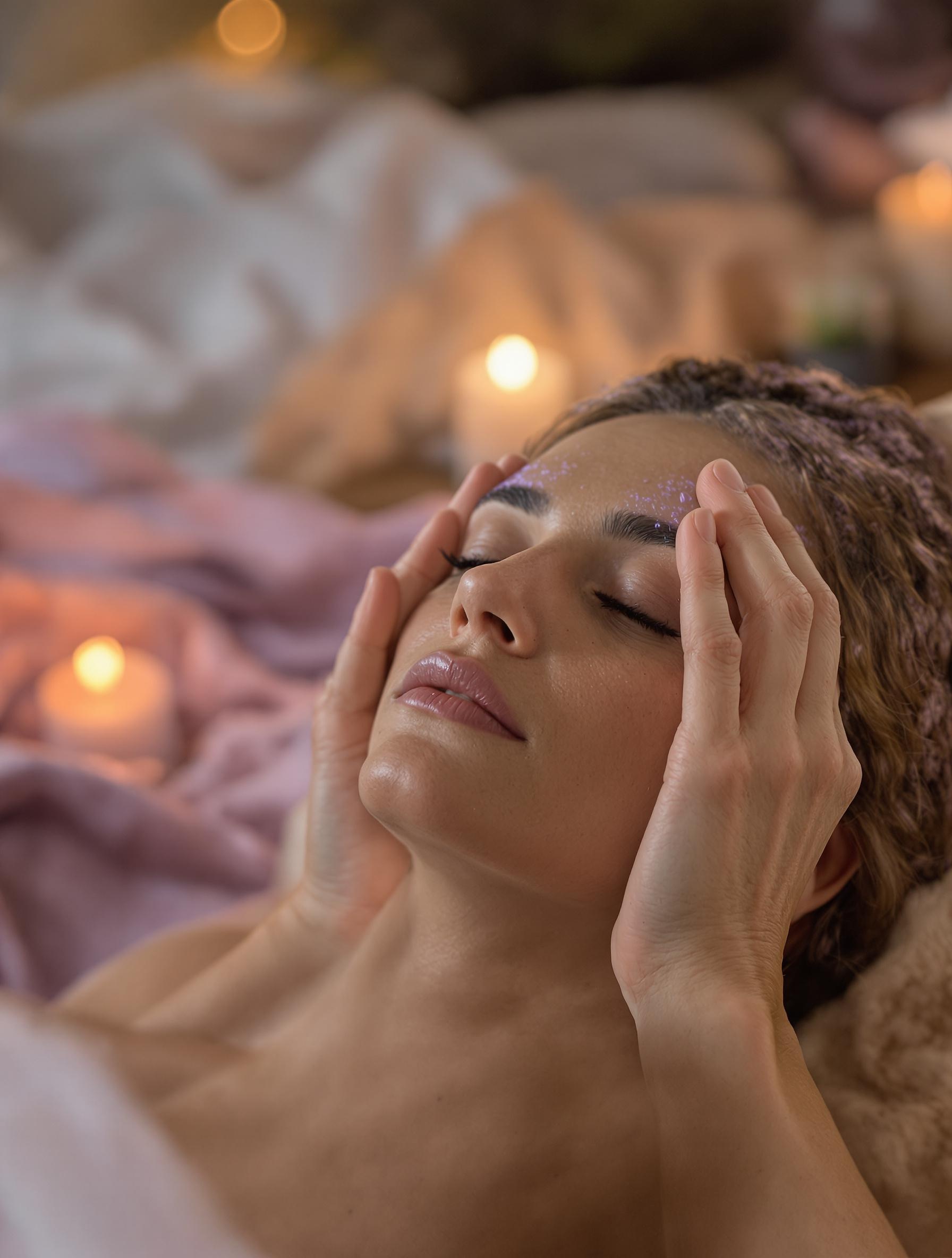 Auto-massage des tempes avec huile essentielle de lavande dans une ambiance tamisée