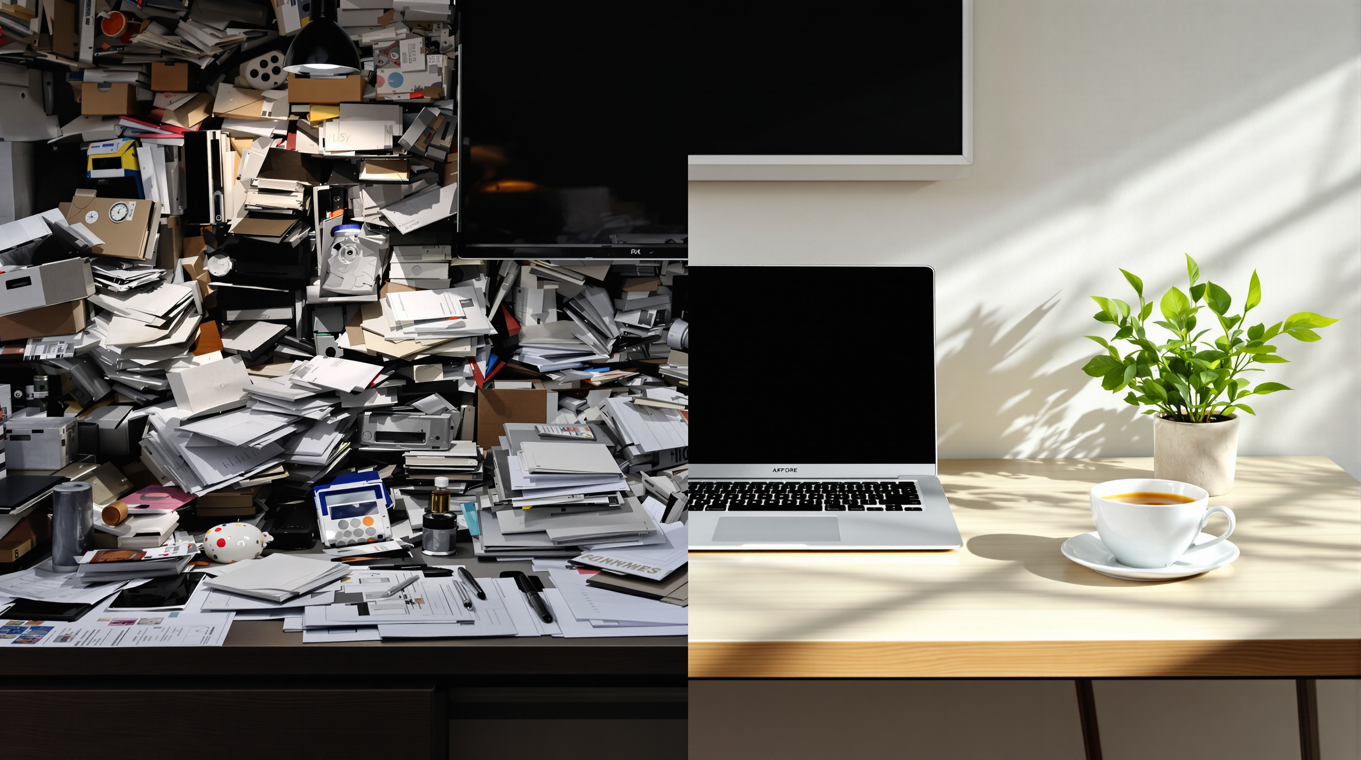 Avant/après : bureau encombré versus bureau épuré, transition chaos-sérénité.