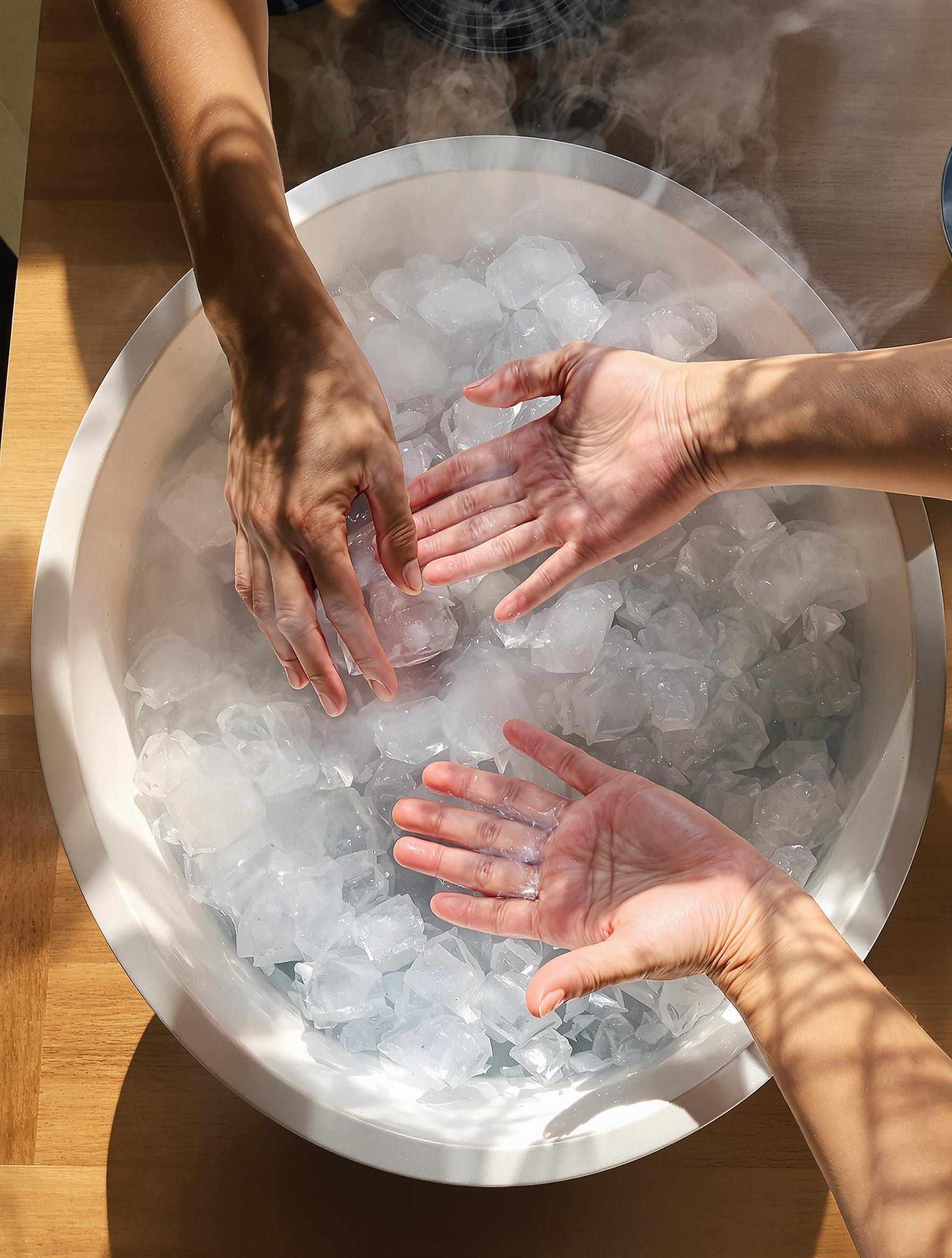 Bain contrasté pour les mains avec deux bassines chaud/froid