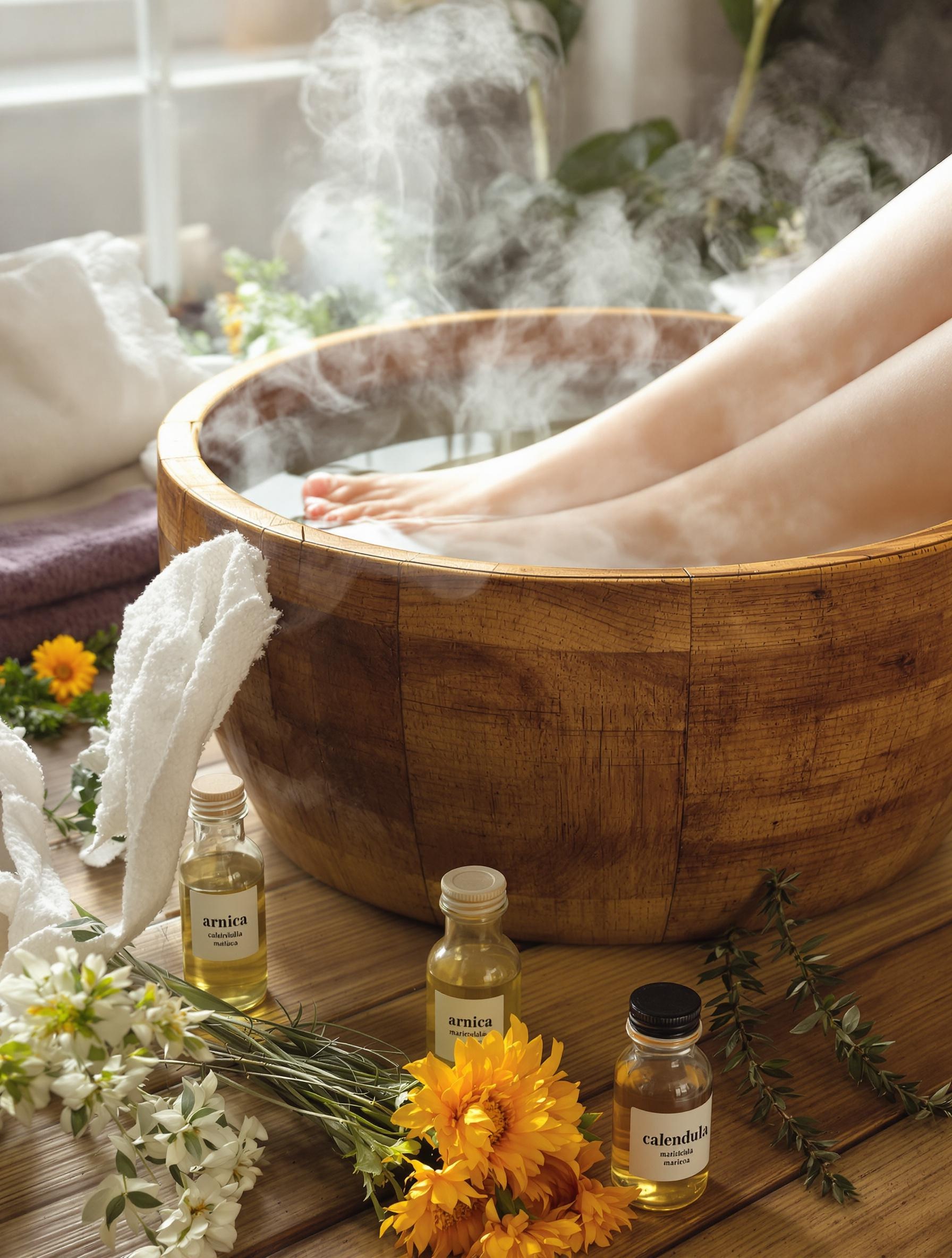 Bain de pieds dans une bassine en bois avec infusion de plantes et flacons d'arnica