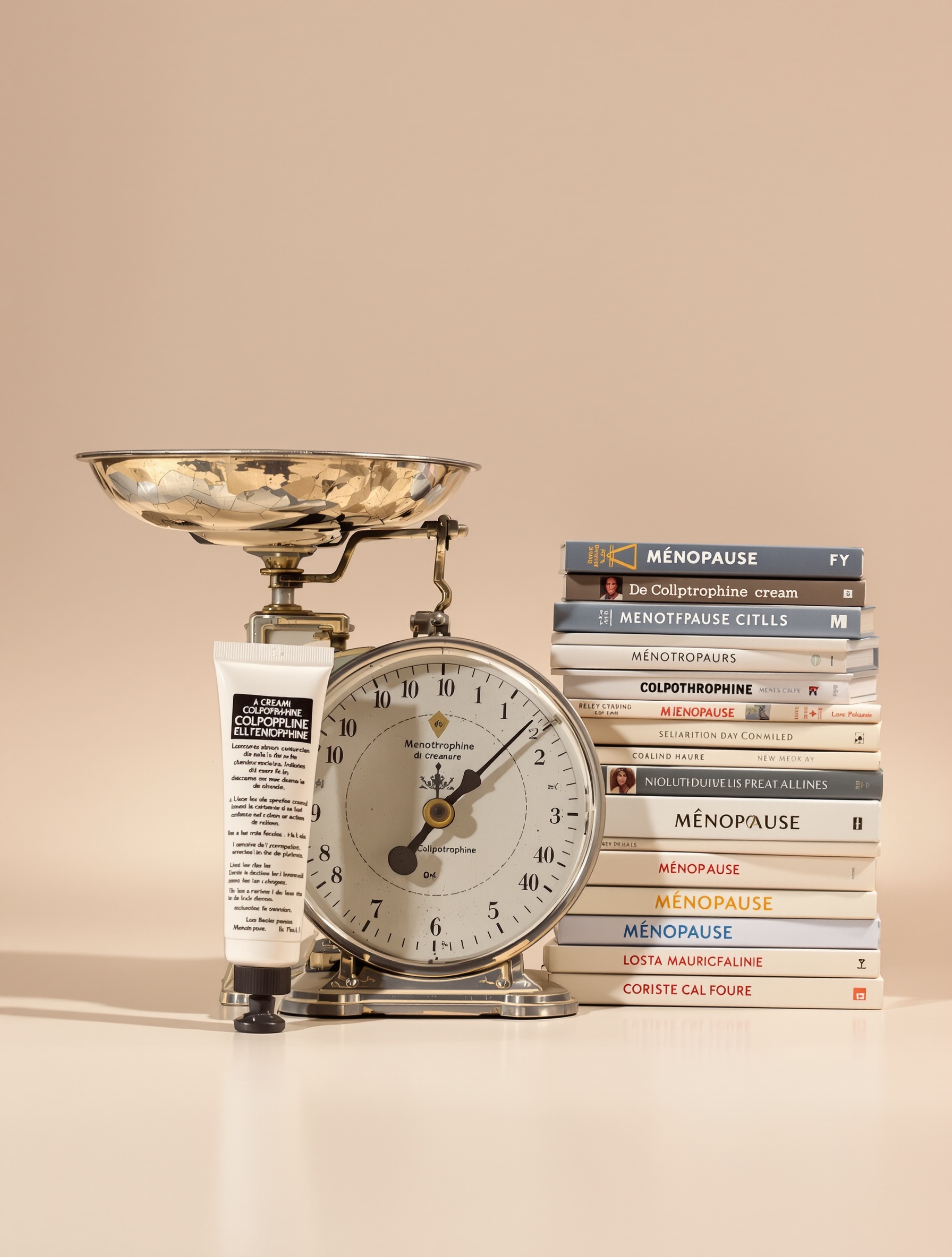 Balance ancienne avec tube Colpotrophine vs livres sur la ménopause – prise de poids dissociée