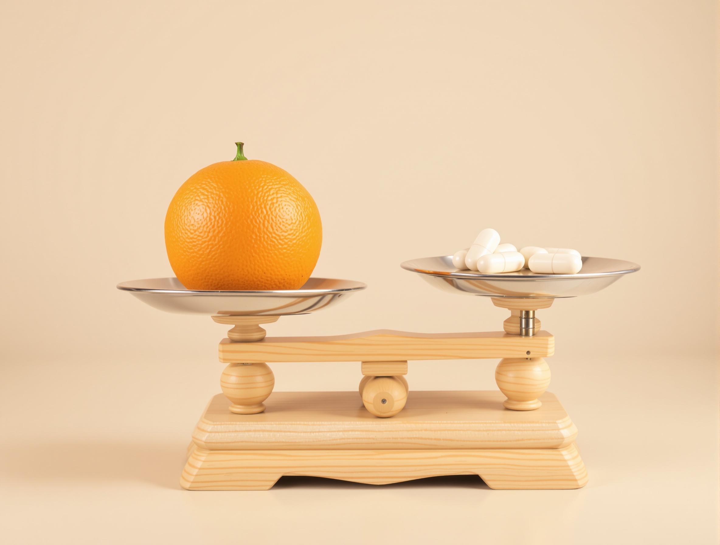 Balance ancienne : orange entière d’un côté, gélules sur l’autre ; la balance penche nettement vers le fruit.