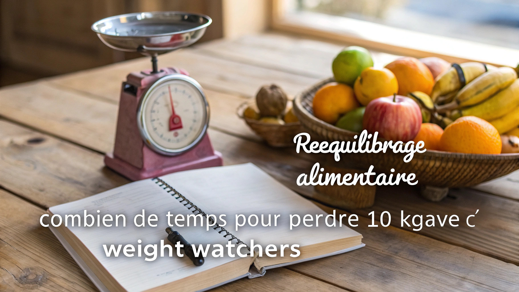 Balance rétro, fruits et carnet : illustration du rééquilibrage alimentaire avec Weight Watchers