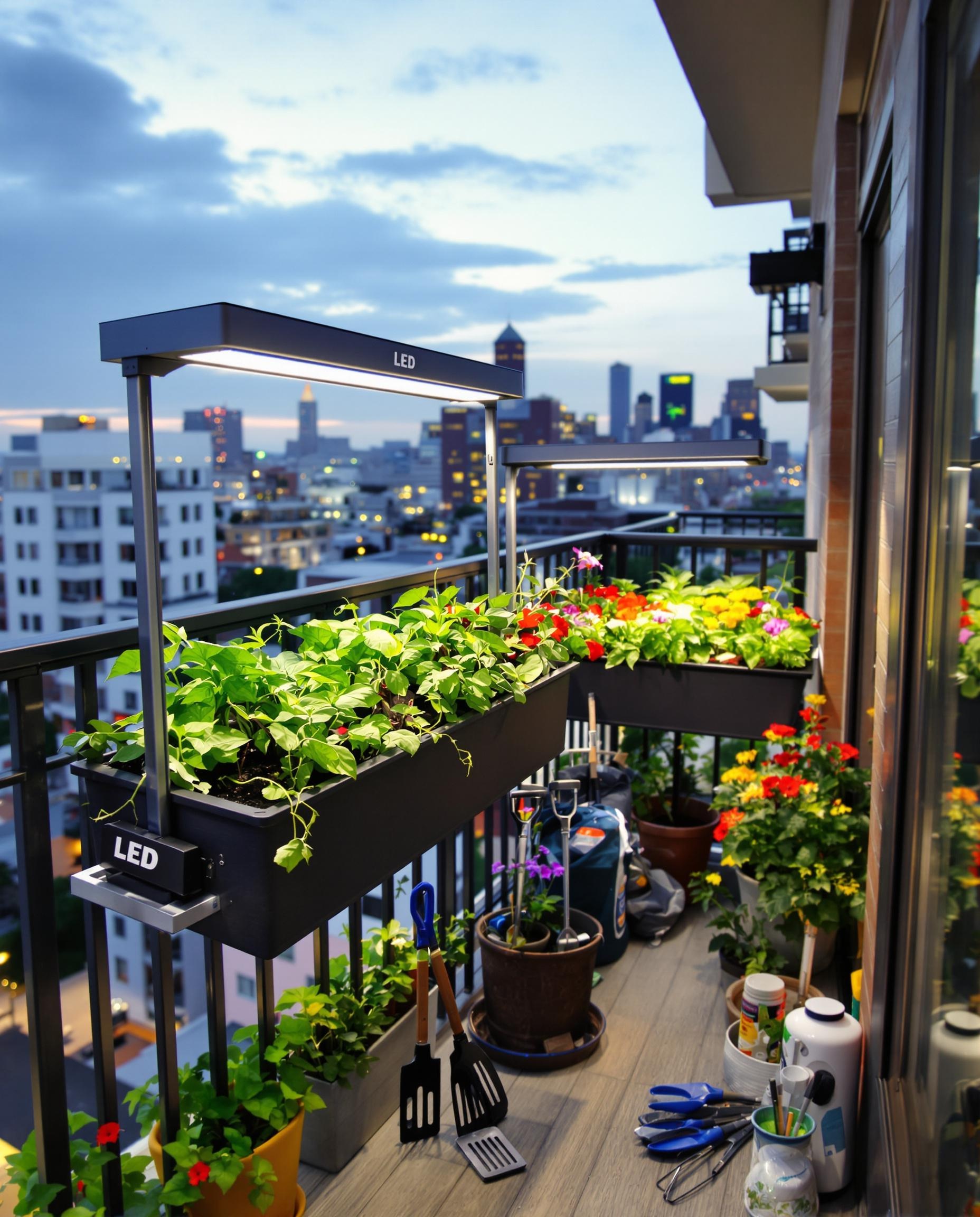 Petit balcon en ville avec bacs surélevés et LED