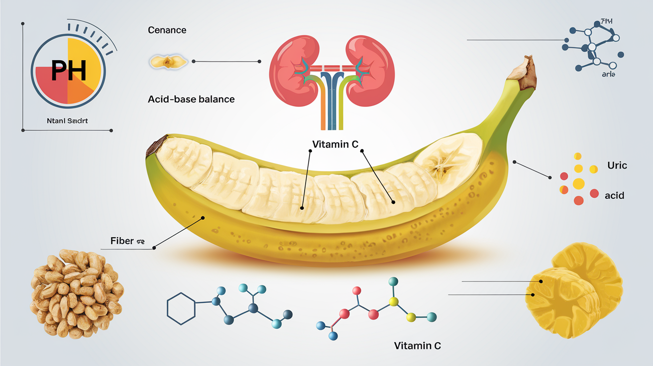 Schéma illustrant les bienfaits de la banane : pH, potassium, reins, fibres et vitamine C