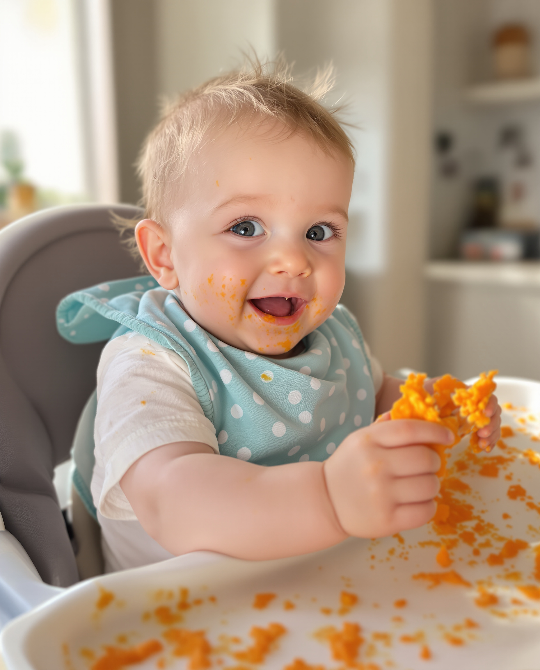 Bébé curieux explorant une purée de carottes avec ses mains dans une ambiance joyeuse.
