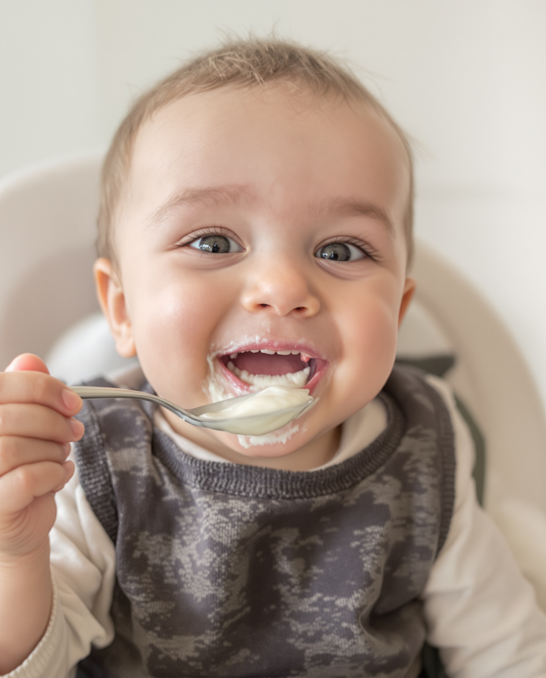 bébé souriant découvrant une texture crémeuse lors de sa diversification alimentaire